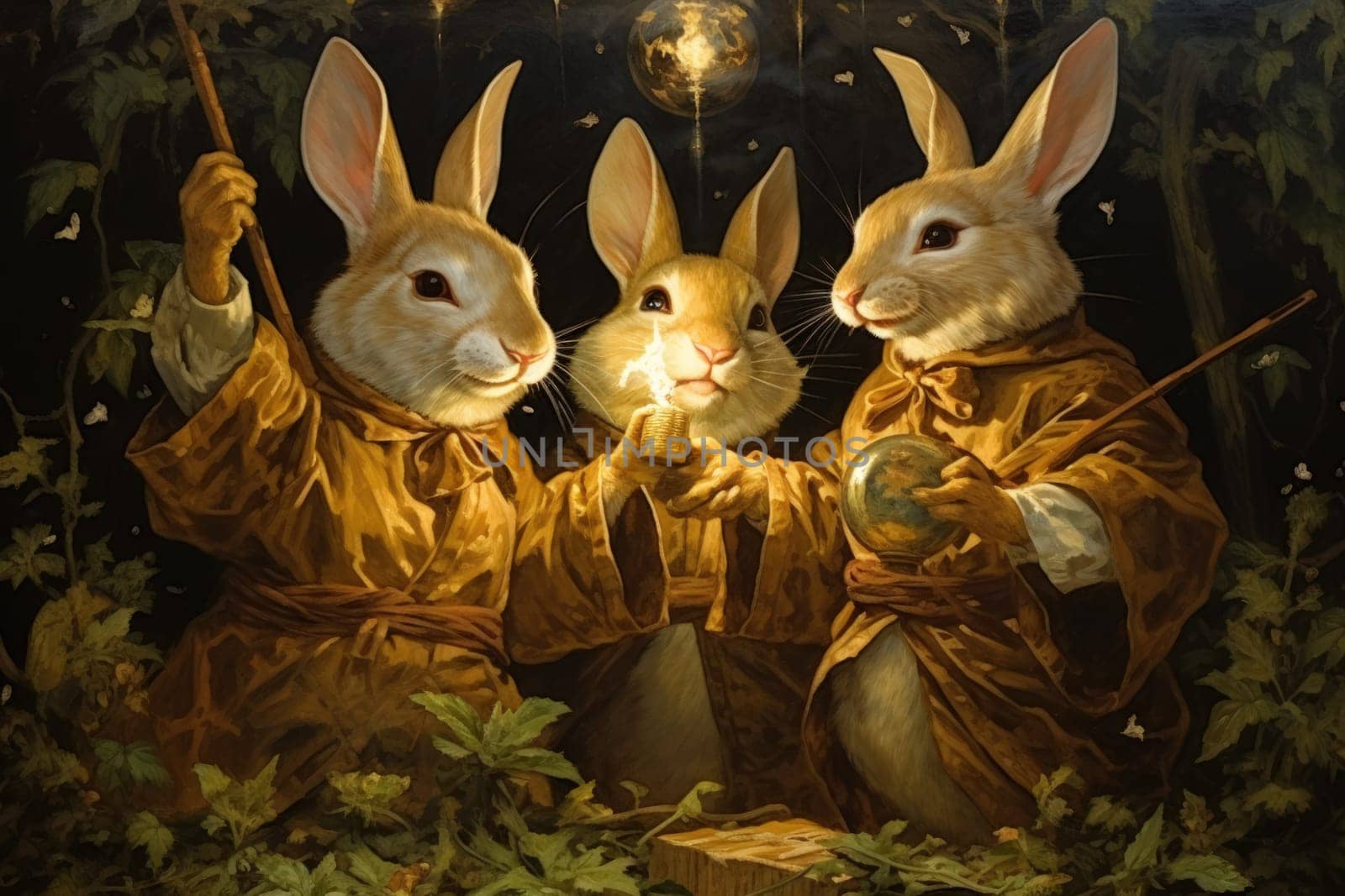 Within the realm of fantasy, playful moon rabbits frolic, their presence bringing luck and fortune to those fortunate enough to encounter them.