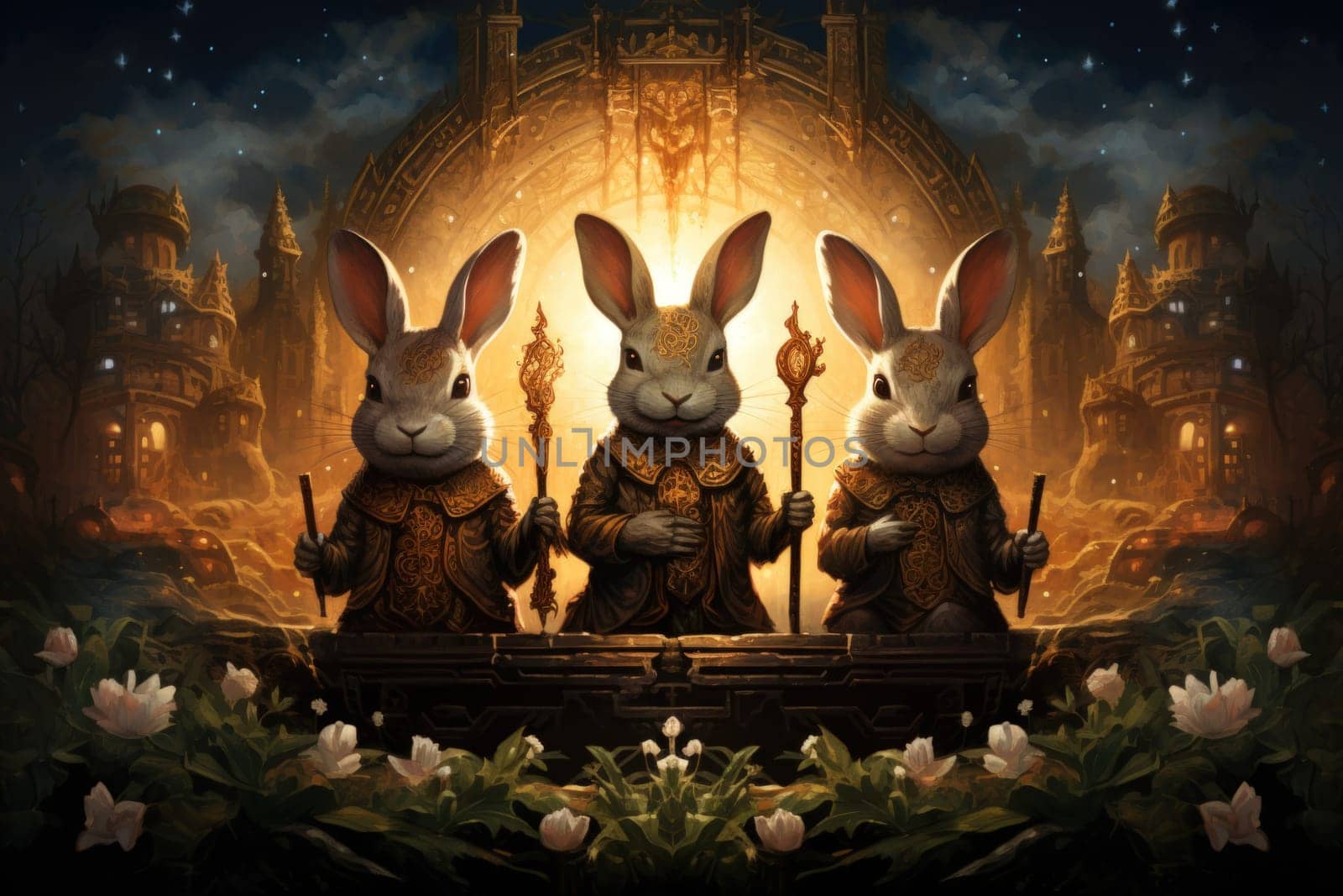 Within the realm of fantasy, playful moon rabbits frolic, their presence bringing luck and fortune to those fortunate enough to encounter them.