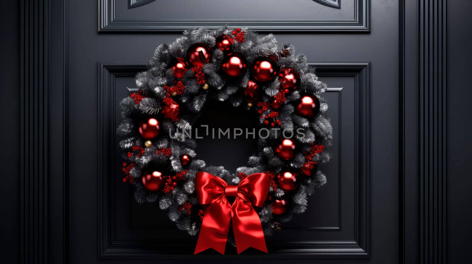 Beautiful Christmas wreath hanging on wooden door . High quality photo