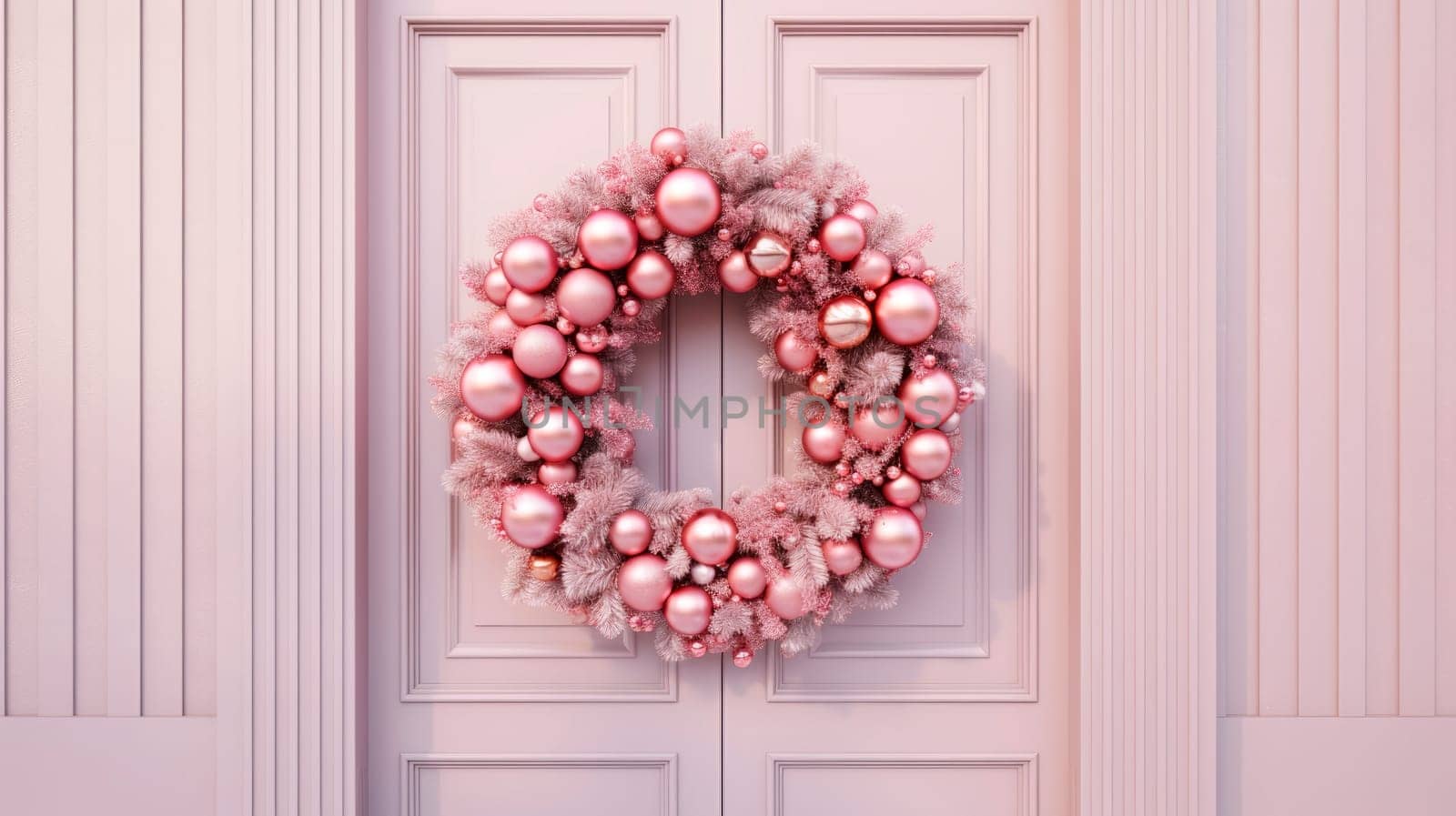 Pink facade of the building decorated with a beautiful Christmas wreath. by Spirina