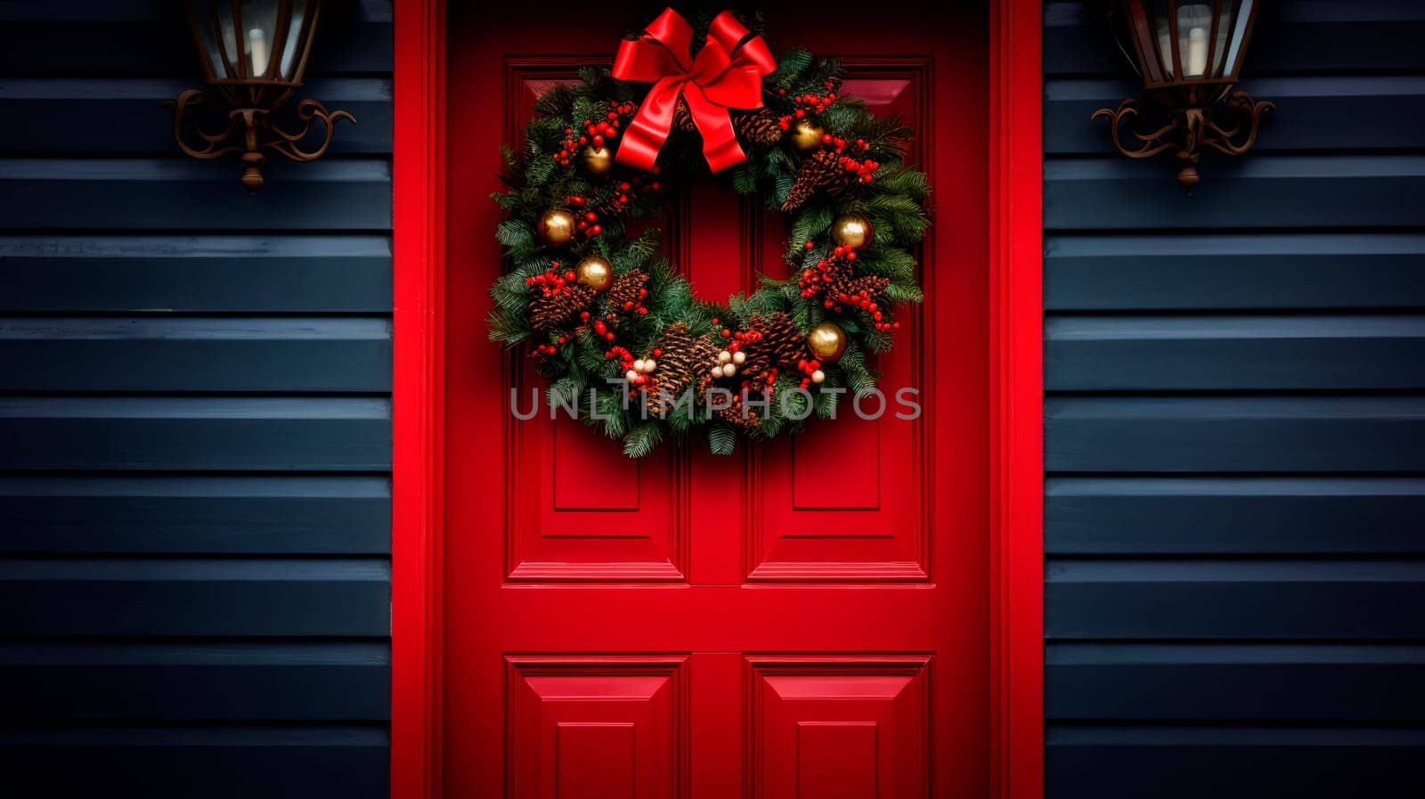 Front door to an English home painted red with a Christmas wreath, Xmas Garland by Spirina