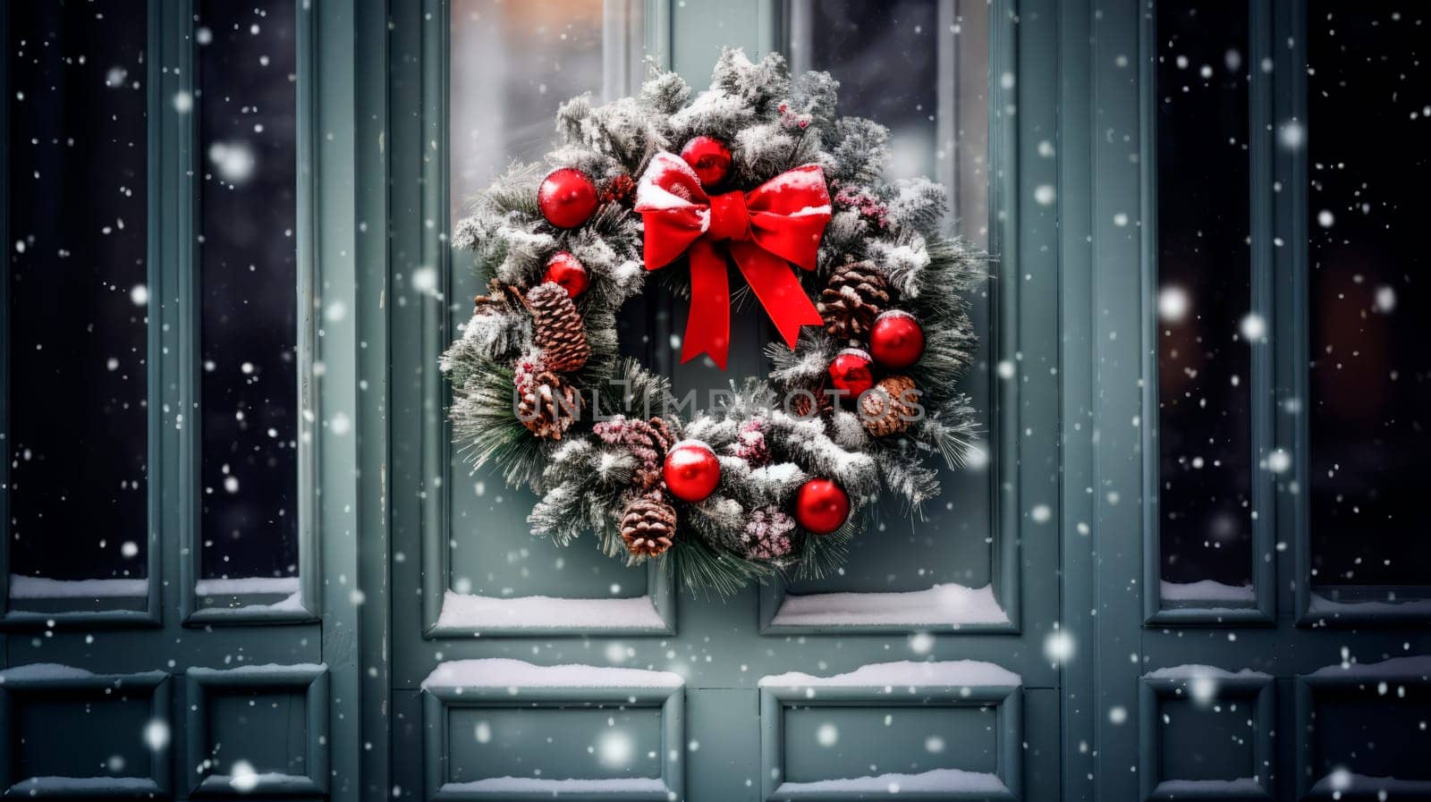 The door of the house is decorated with a Christmas wreath by Spirina