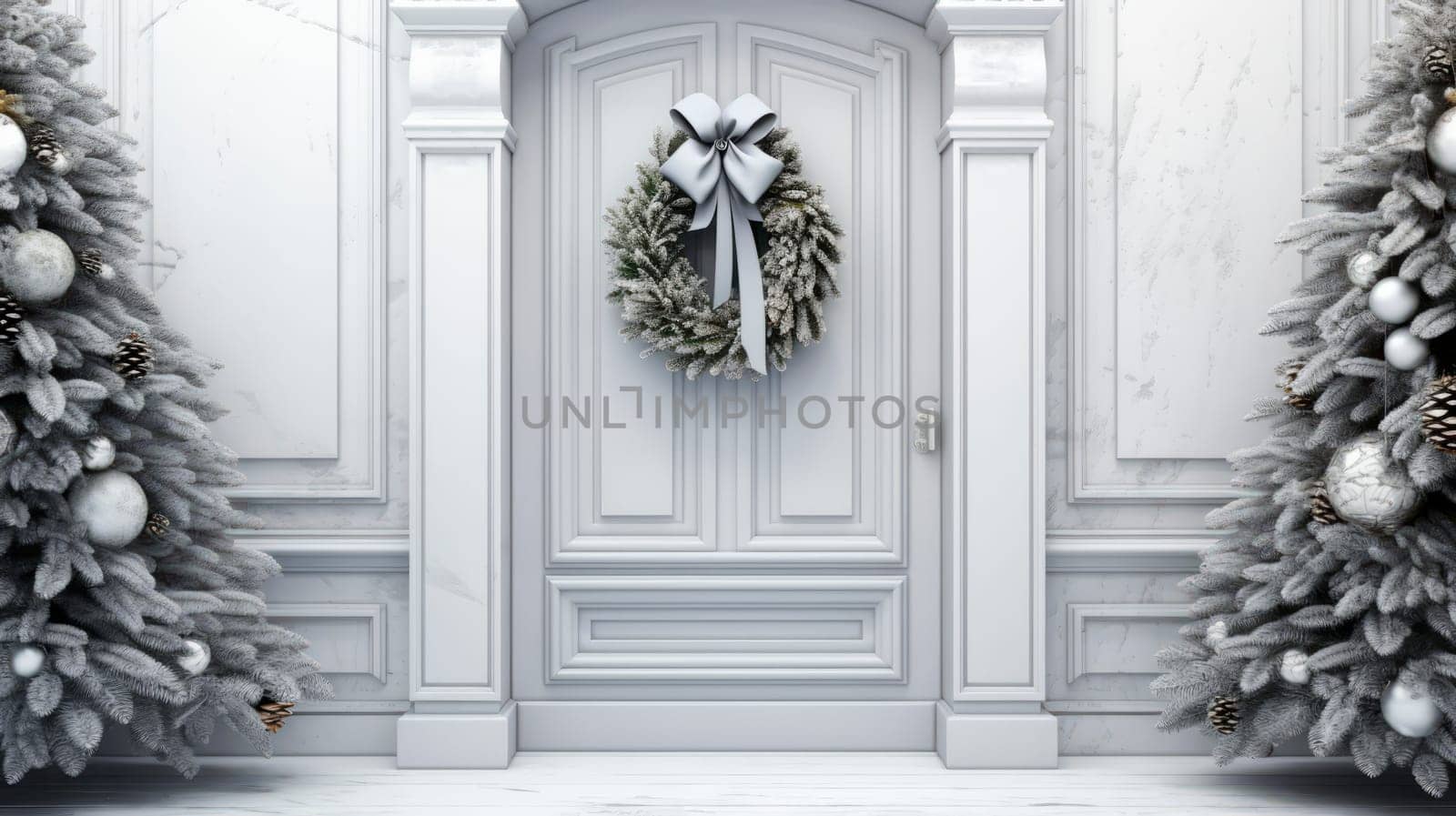 The bright facade of the building is decorated with a beautiful Christmas wreath. by Spirina