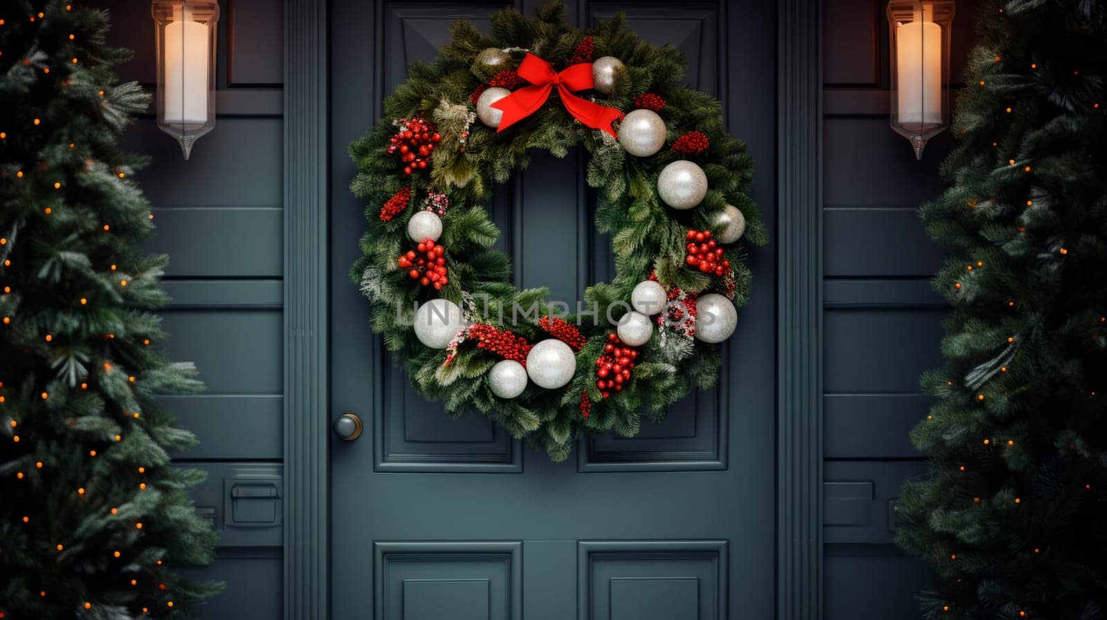 Beautiful Christmas wreath hanging on wooden door by Spirina