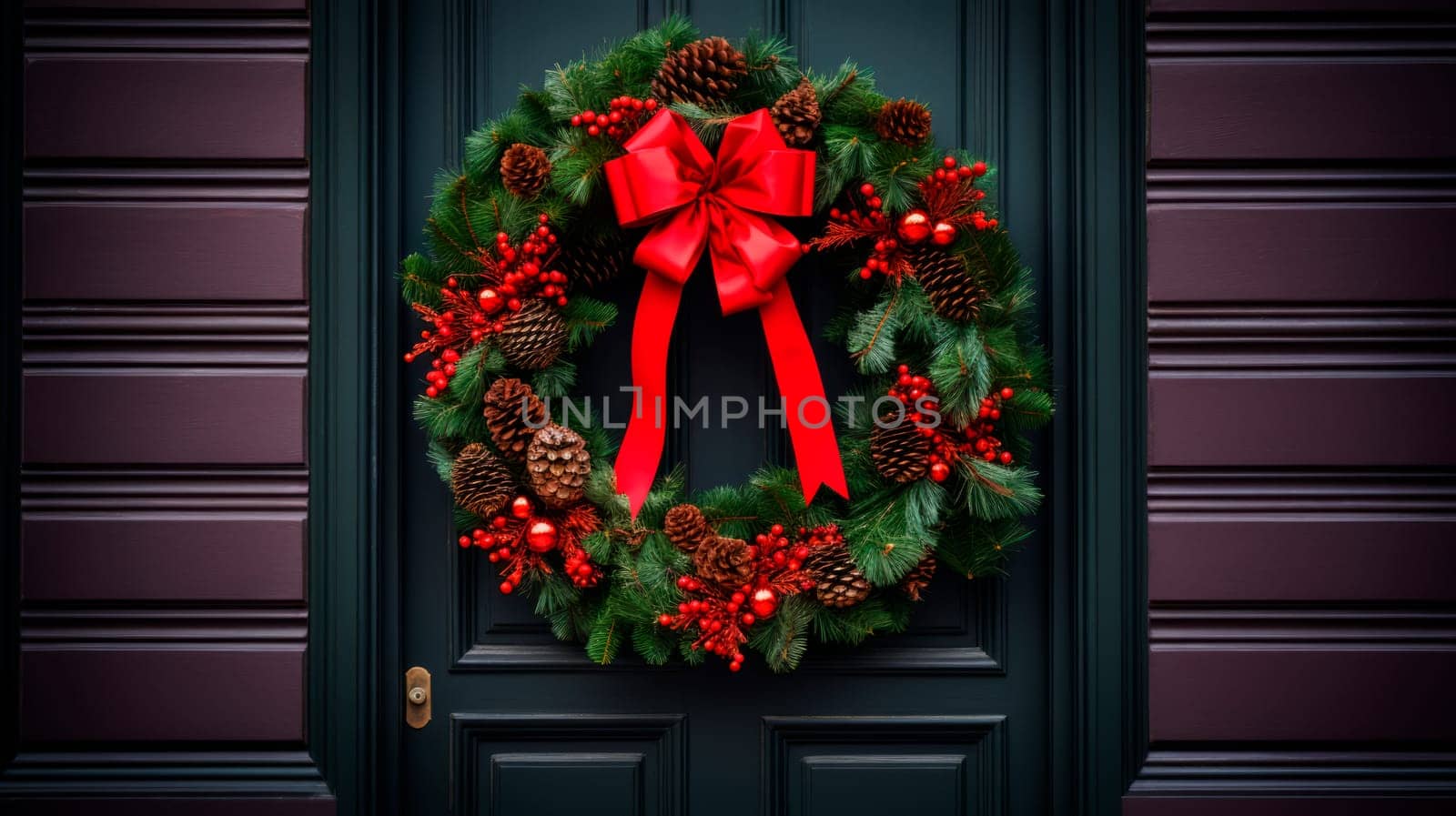 Beautiful Christmas wreath hanging on wooden door by Spirina