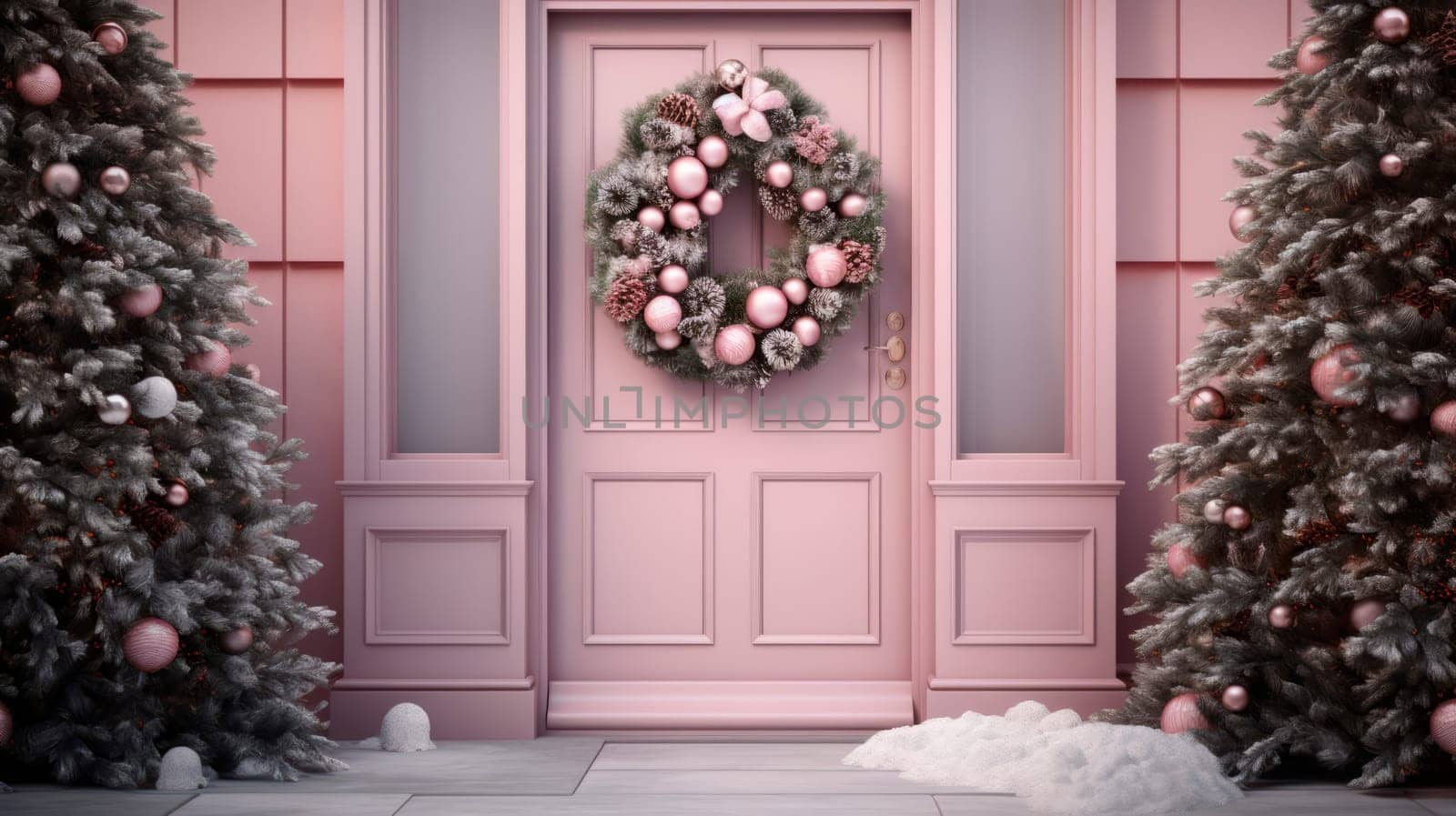 Pink facade of the building decorated with a beautiful Christmas wreath. by Spirina