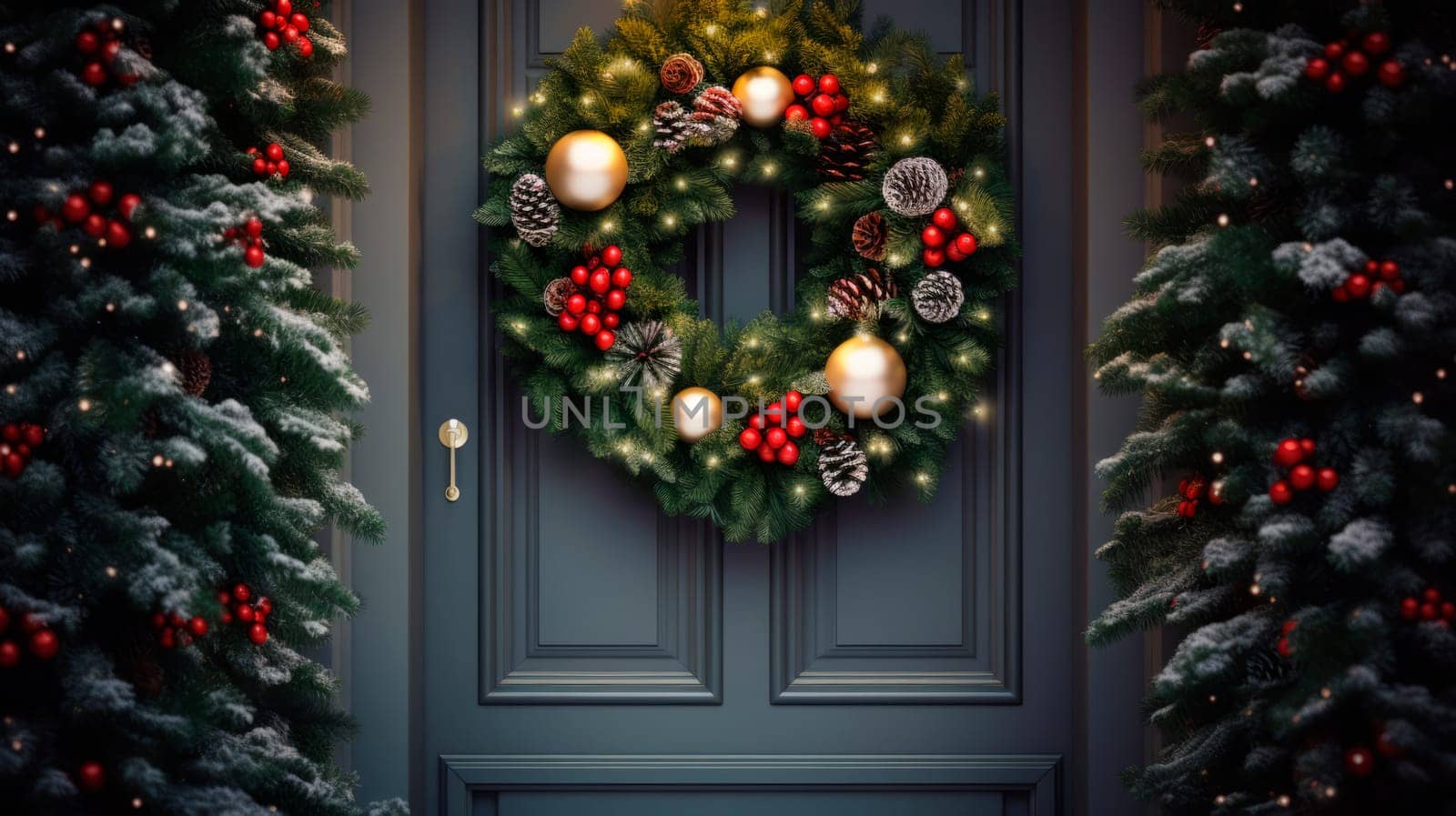 The door of the house is decorated with a Christmas wreath by Spirina