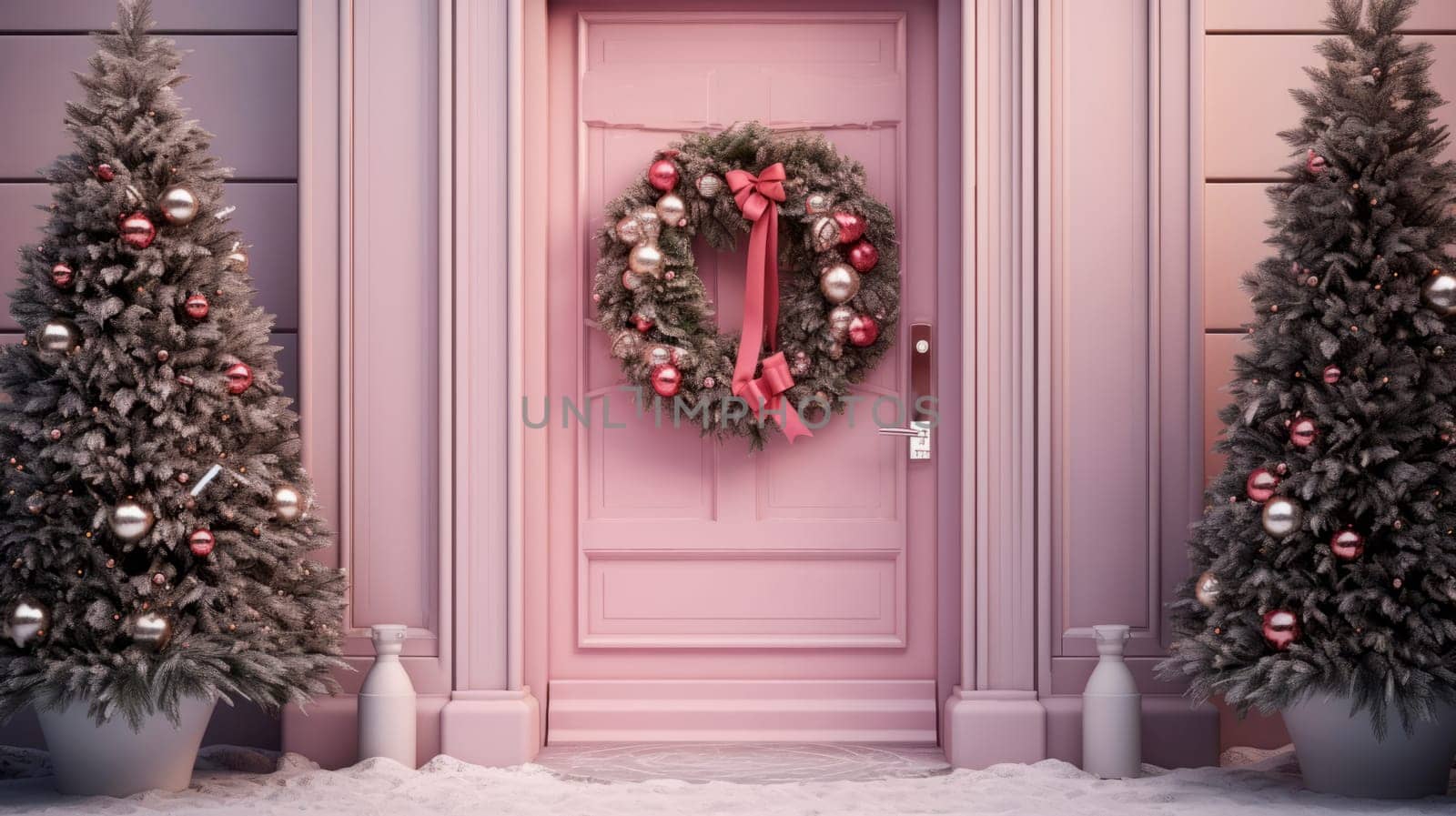 Pink facade of the building decorated with a beautiful Christmas wreath. by Spirina