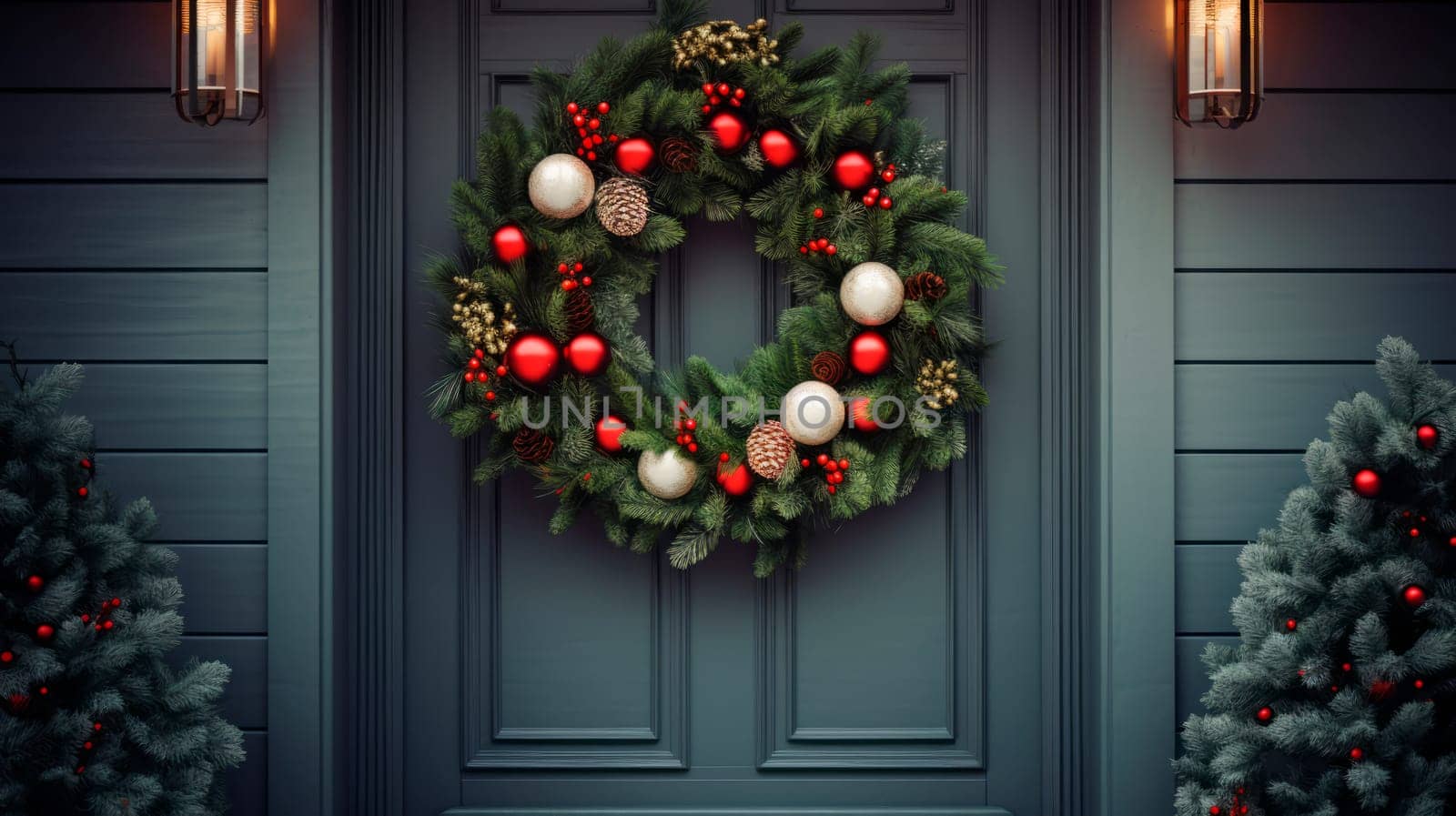 Beautiful Christmas wreath hanging on wooden door. High quality photo