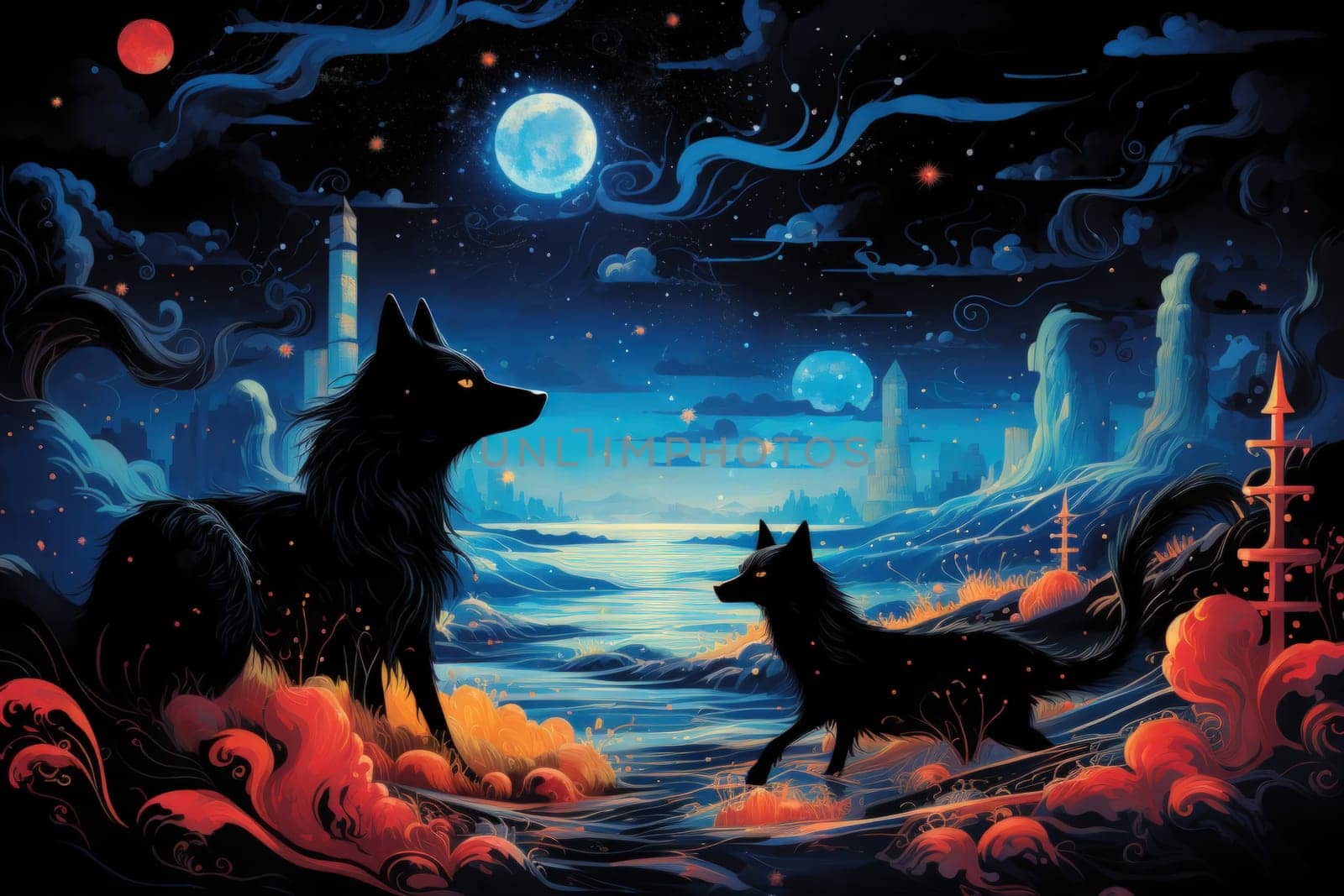 Immerse yourself in the fantastical world of shadows with this captivating illustration by a professional visual artist.