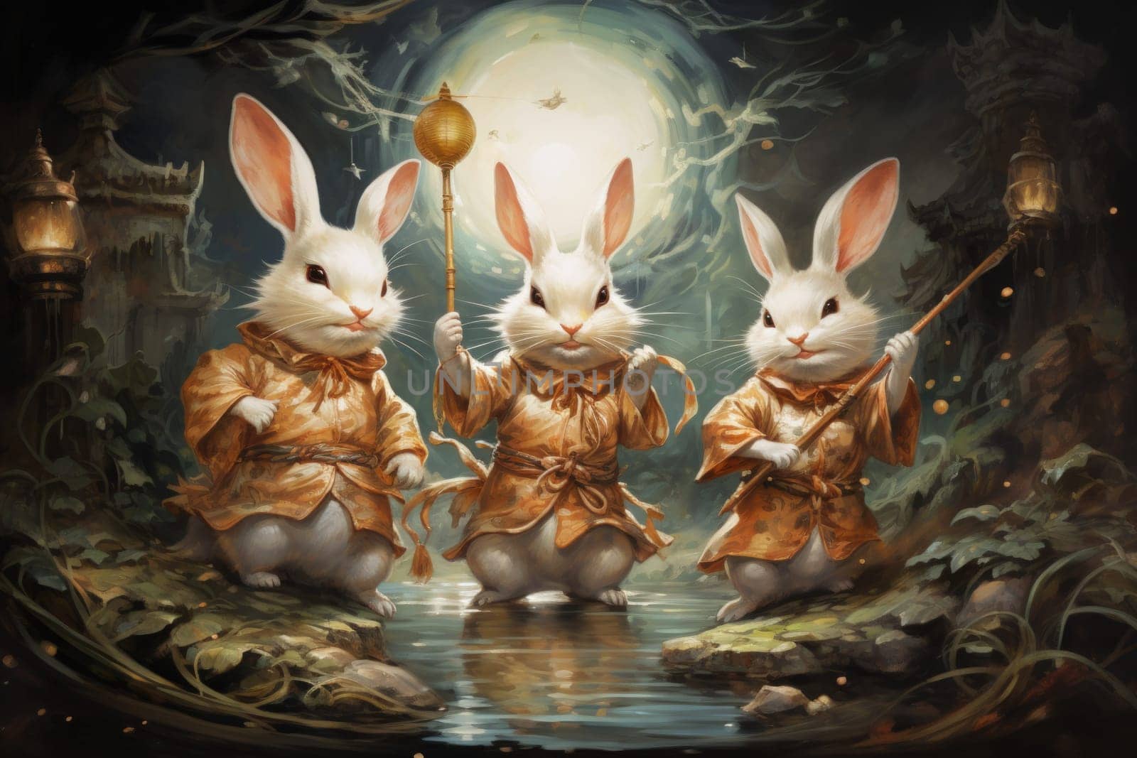 Within the realm of fantasy, playful moon rabbits frolic, their presence bringing luck and fortune to those fortunate enough to encounter them.