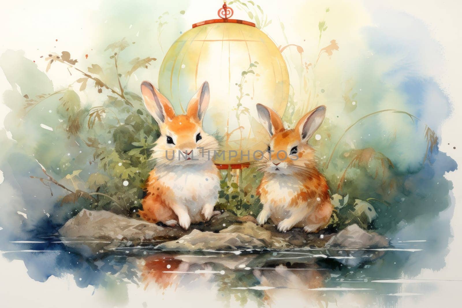 Within the realm of fantasy, playful moon rabbits frolic, their presence bringing luck and fortune to those fortunate enough to encounter them.