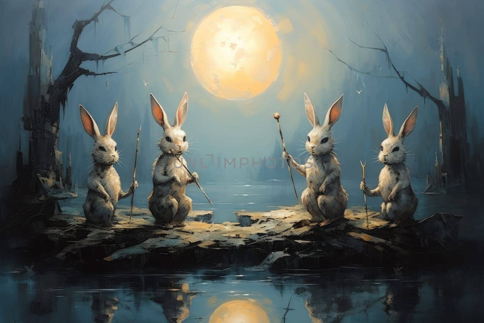 Within the realm of fantasy, playful moon rabbits frolic, their presence bringing luck and fortune to those fortunate enough to encounter them.