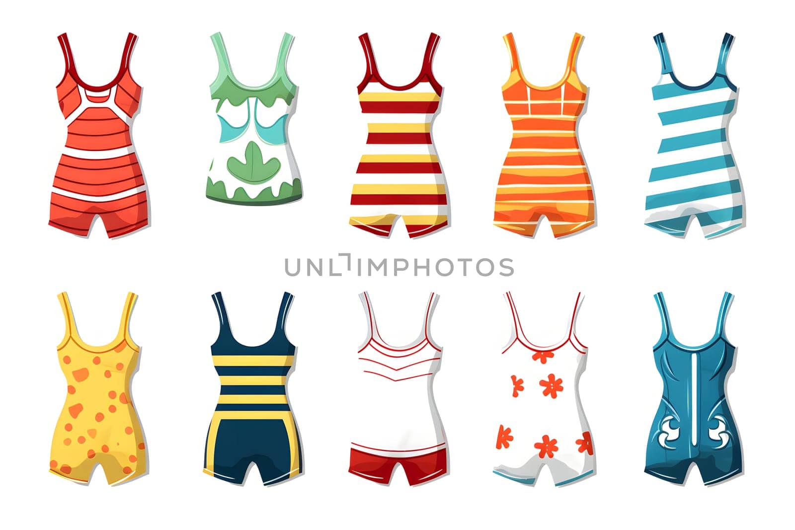 a set of vintage swimwear for girls and women. Different swimsuits for swimming in the pool and on the beach isolated on a white background. A girl's wardrobe for a beach holiday