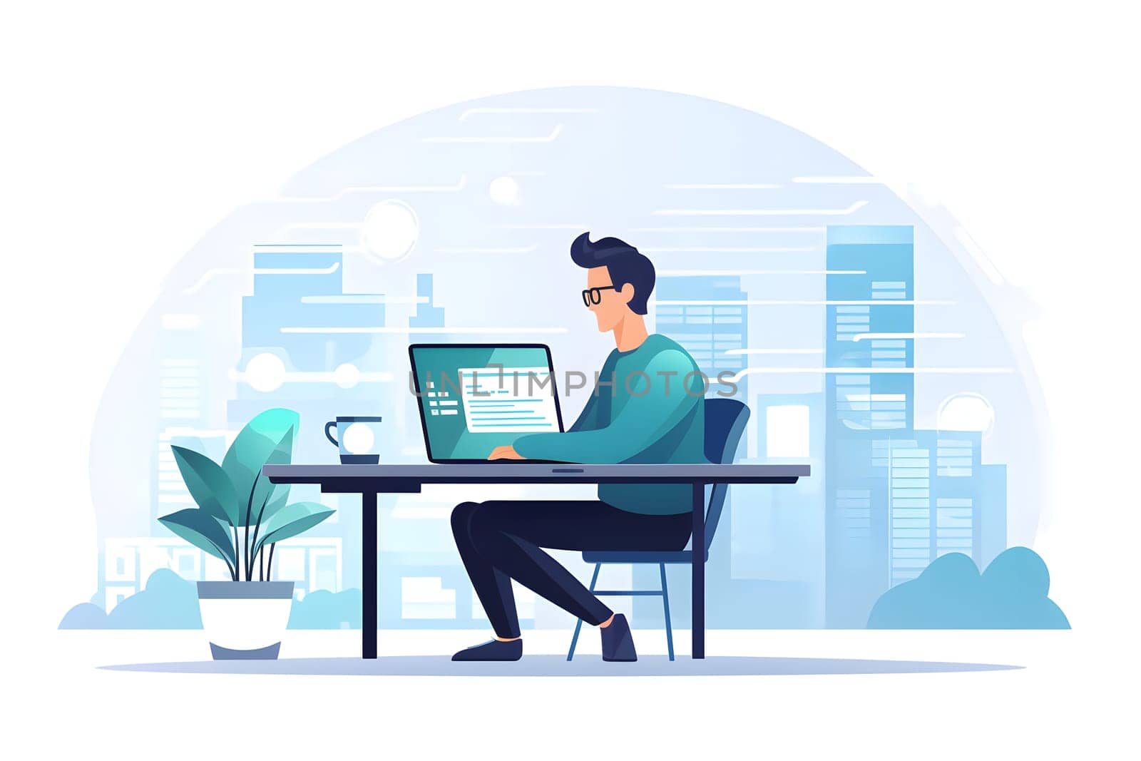 A young man is working on a laptop while sitting at a table in a cozy atmosphere. The programmer writes the code. Remote work or freelance. Designer or writer. Lifestyle. illustration