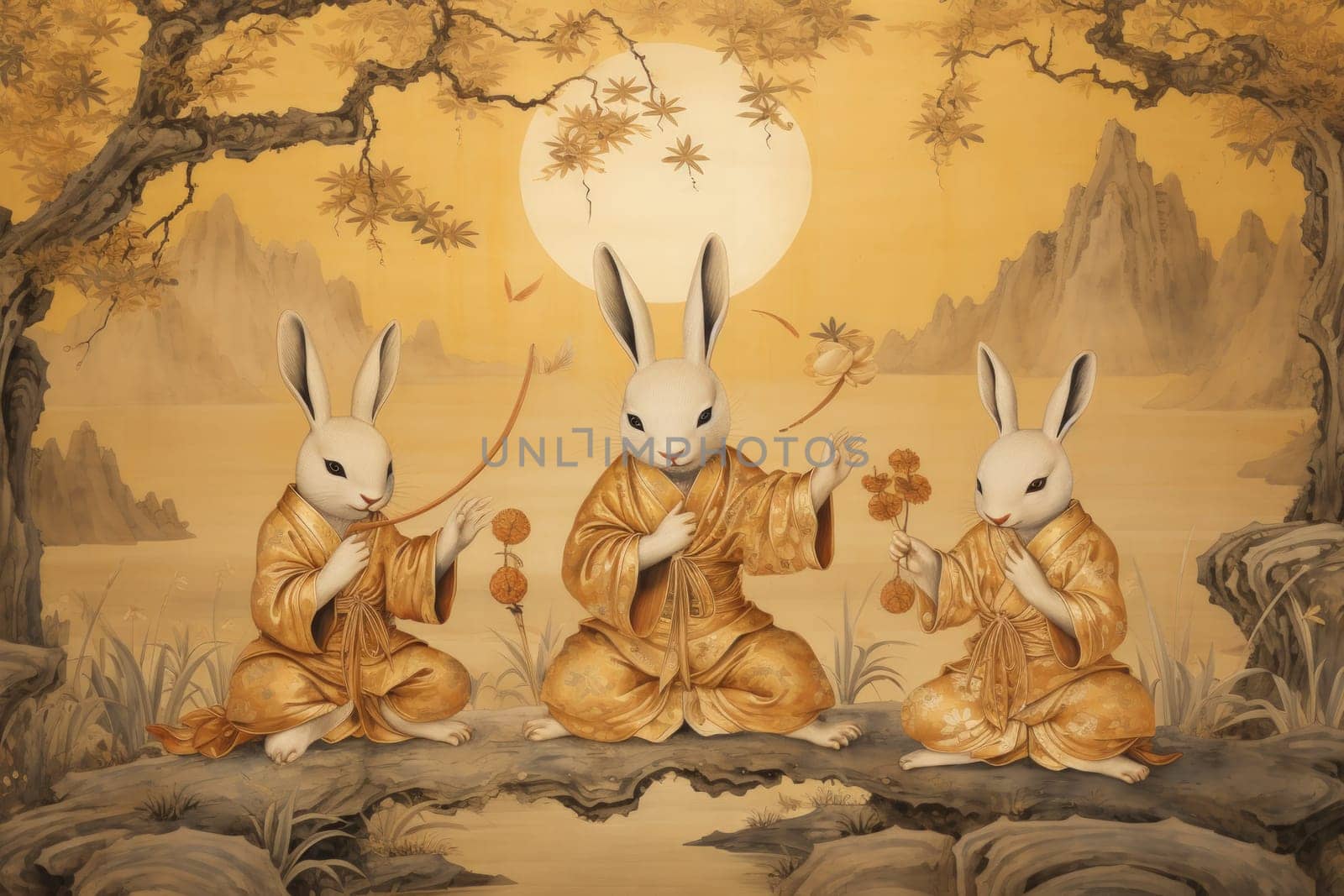 Within the realm of fantasy, playful moon rabbits frolic, their presence bringing luck and fortune to those fortunate enough to encounter them.