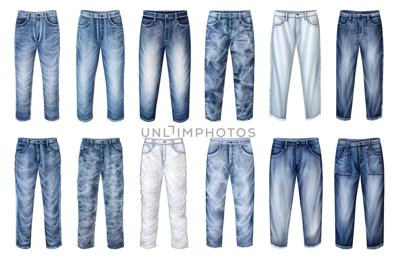 a set of blue fashionable jeans isolated on a white background. Men's clothing set of blue jeans with a front view. stylish fashion design.