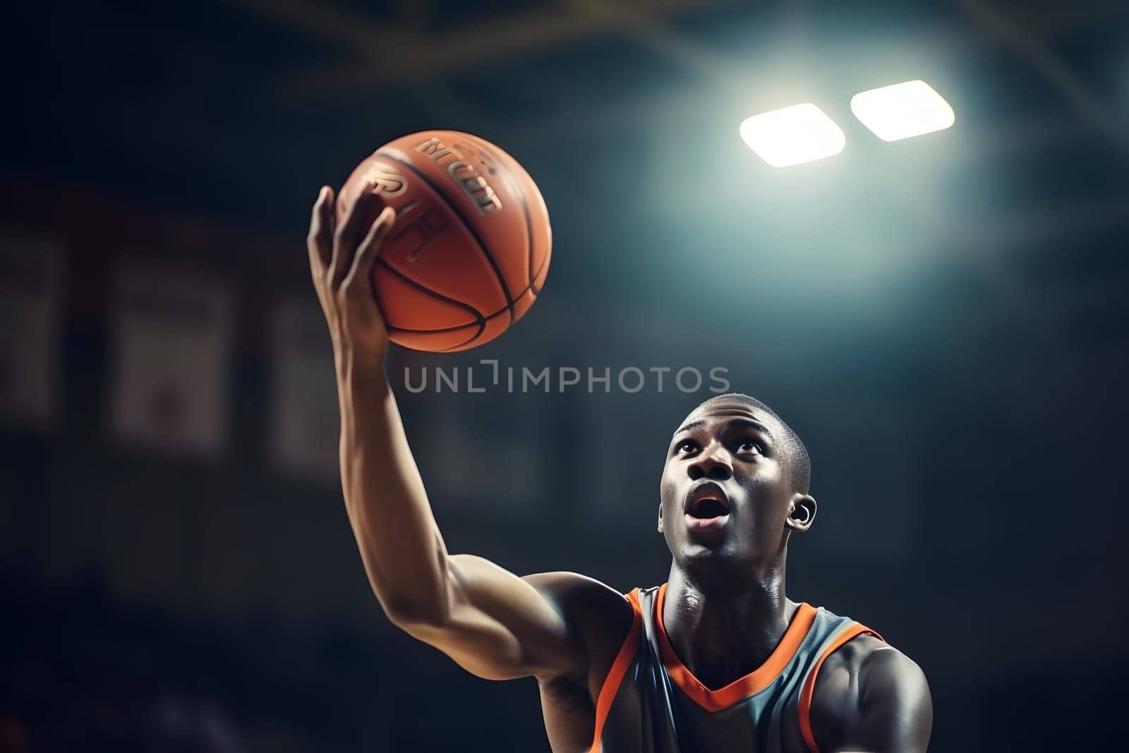 An African-American player jumps to score a basketball basket. The decisive goal. basketball player in action during the game