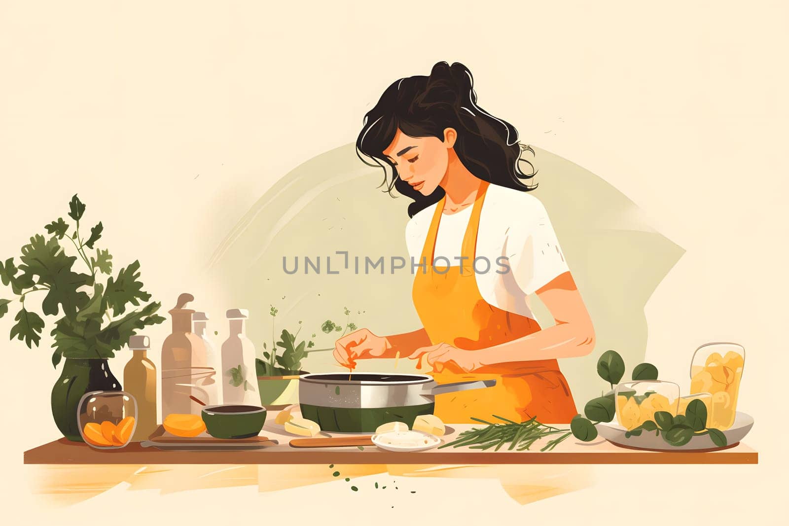 The girl cooks dinner in a cozy home kitchen trying new recipes. Bold culinary experiments. Traditional local dishes. Lifestyle. Healthy eating. illustration