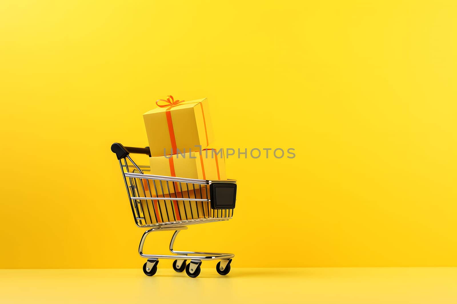 A creative concept with a shopping cart with gifts on a yellow background. A gift wrapped in kraft paper with a red ribbon. Black friday. A surprise gift,