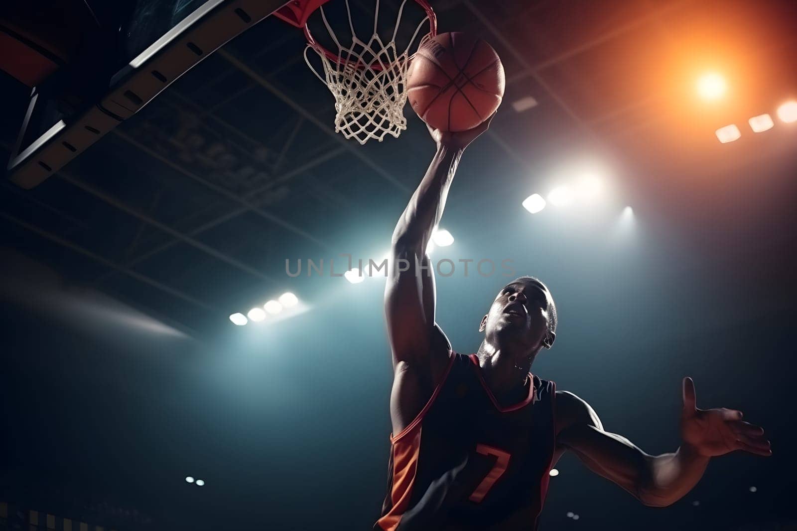 professional sports. an African-American basketball player scores a goal in the basket. goal during the game. active leisure