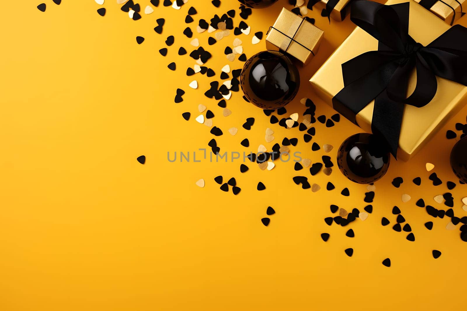 gifts in yellow and black gift boxes with gold confetti and black ribbons by audiznam2609