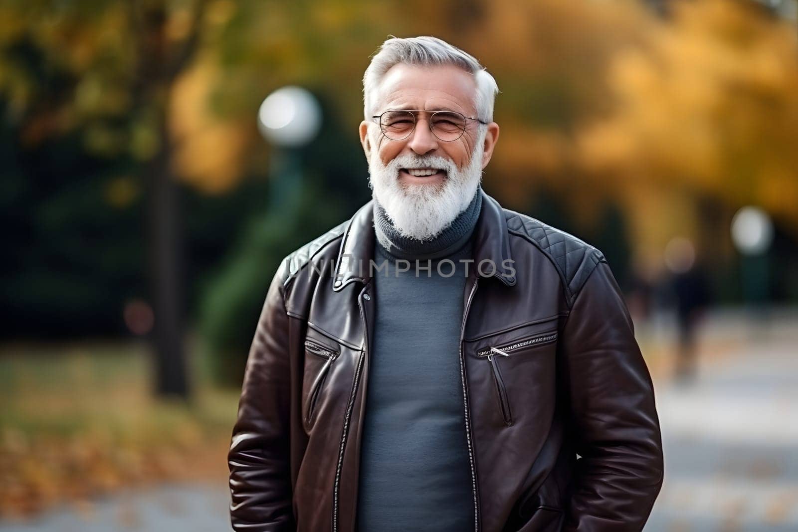 positive mature man in glasses with a cheerful mood, walking in the park. He has energy, His relaxed posture and positive facial expression indicate complete harmony with the surrounding nature.