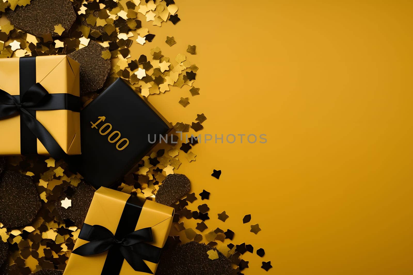 holiday gifts in yellow and black gift boxes with gold confetti with gold sequins and black ribbons on a yellow background. Congratulations. The background of the celebration. Space for copying.