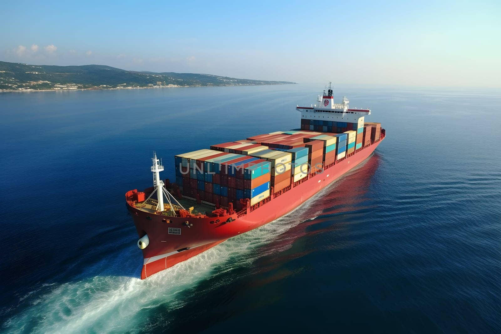 a cargo ship carrying containers. loaded container ship at sea, cargo delivery by ship. import and export, business logistics. transportation of goods on the high seas.