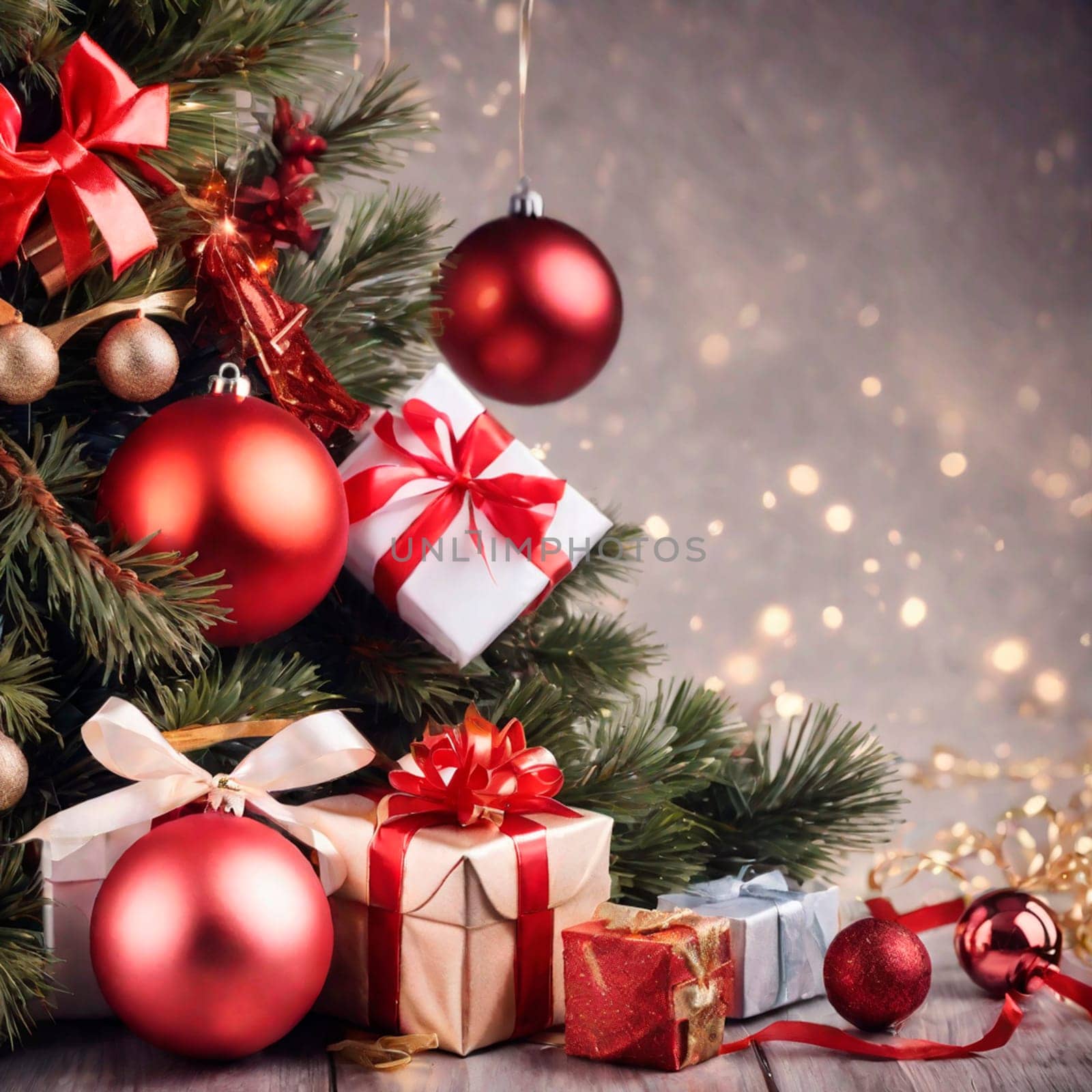 Christmas tree with decorations and gift boxes on bokeh background. High quality photo