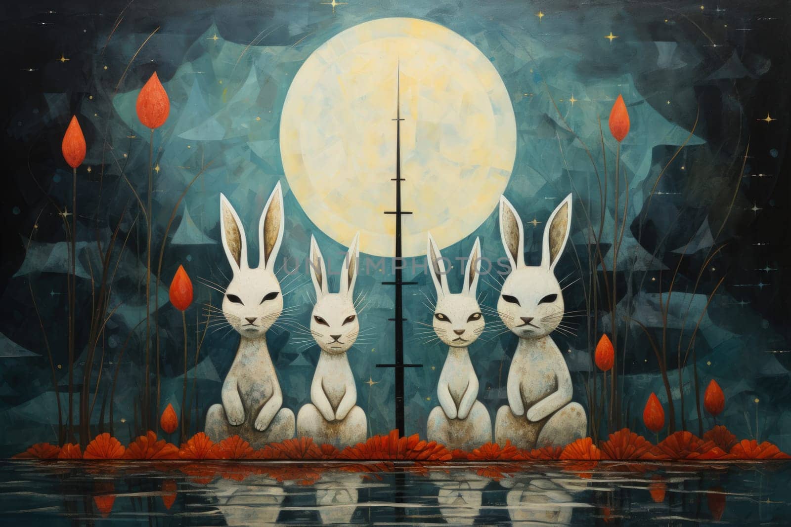 Within the realm of fantasy, playful moon rabbits frolic, their presence bringing luck and fortune to those fortunate enough to encounter them.