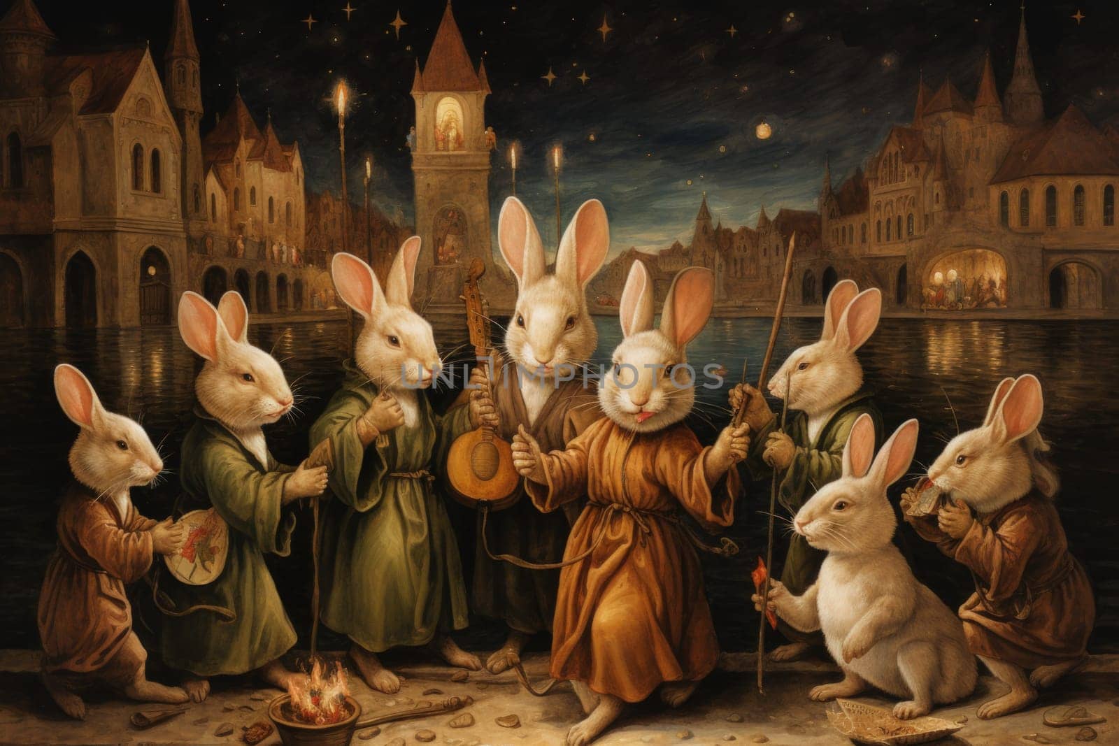 Within the realm of fantasy, playful moon rabbits frolic, their presence bringing luck and fortune to those fortunate enough to encounter them.