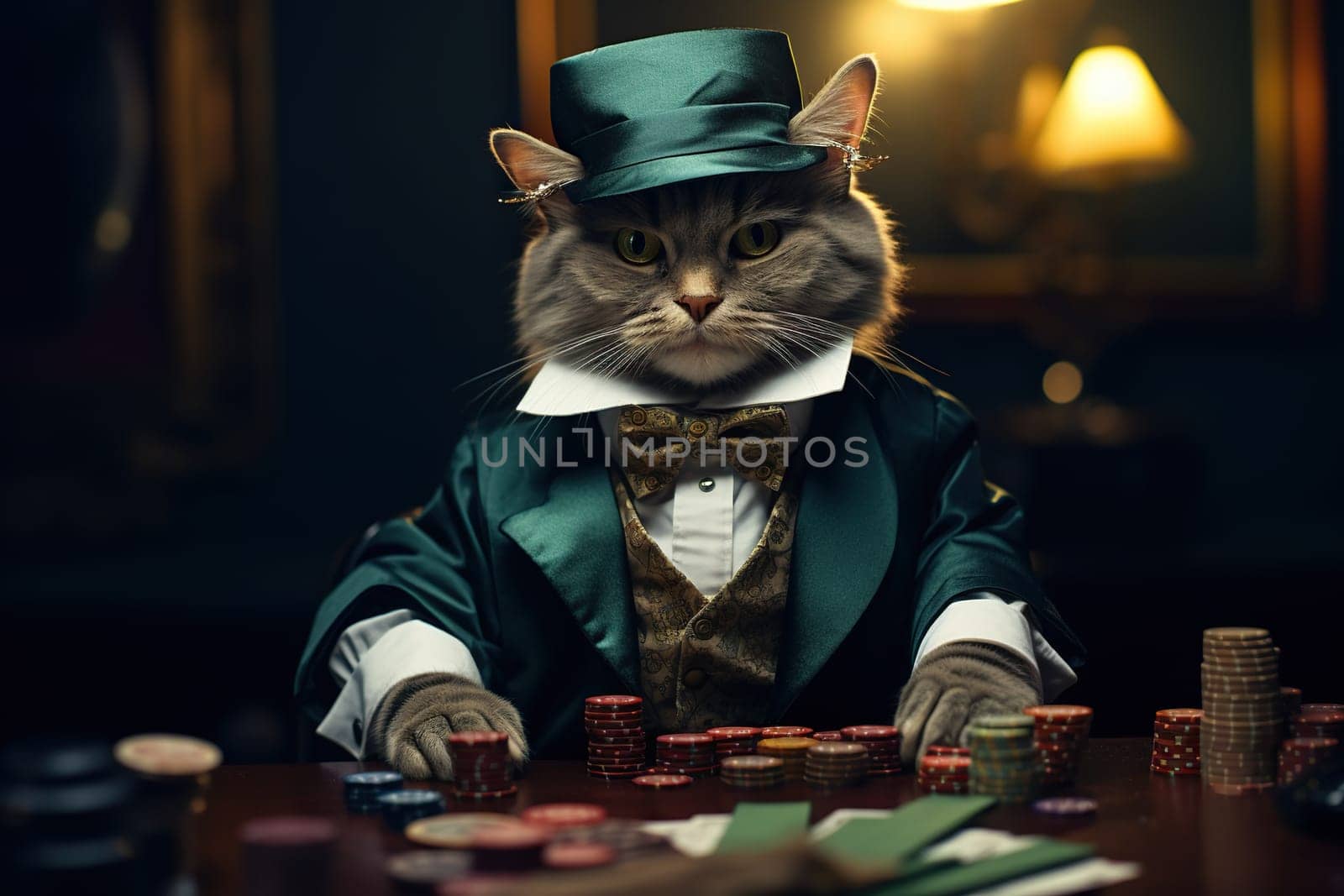 A gray cat in a suit and hat plays poker. Gambling concept.