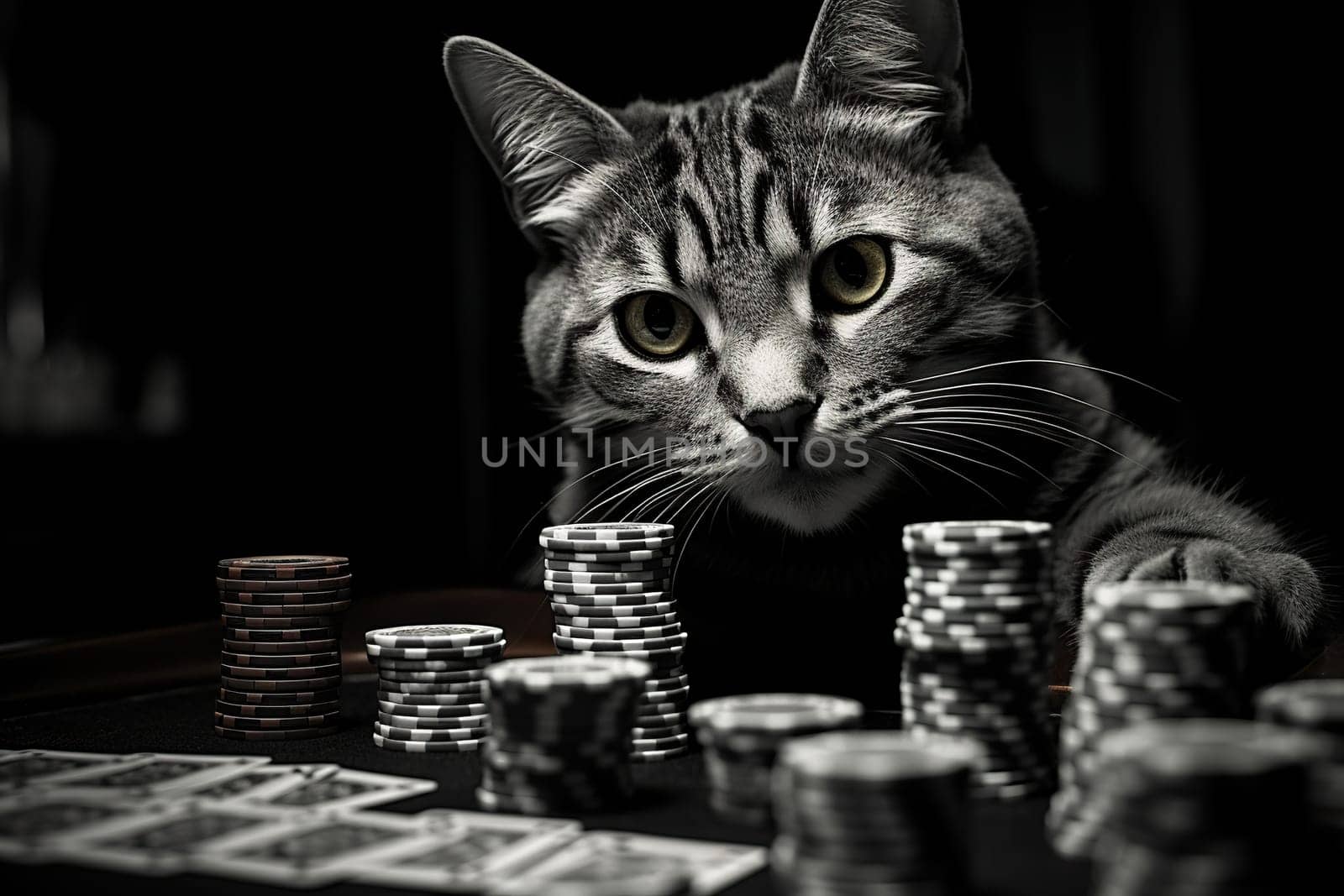 A cat at a poker table with stacks of chips in black and white. Gambling concept. Generated by artificial intelligence by Vovmar