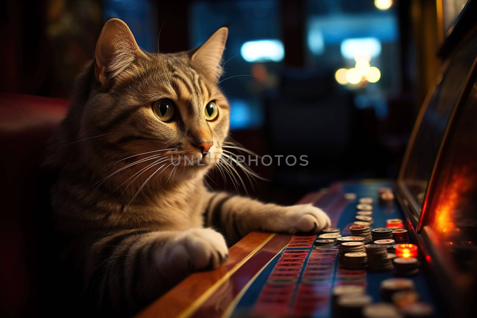 Cat at the slot machine. The cat is playing gambling.