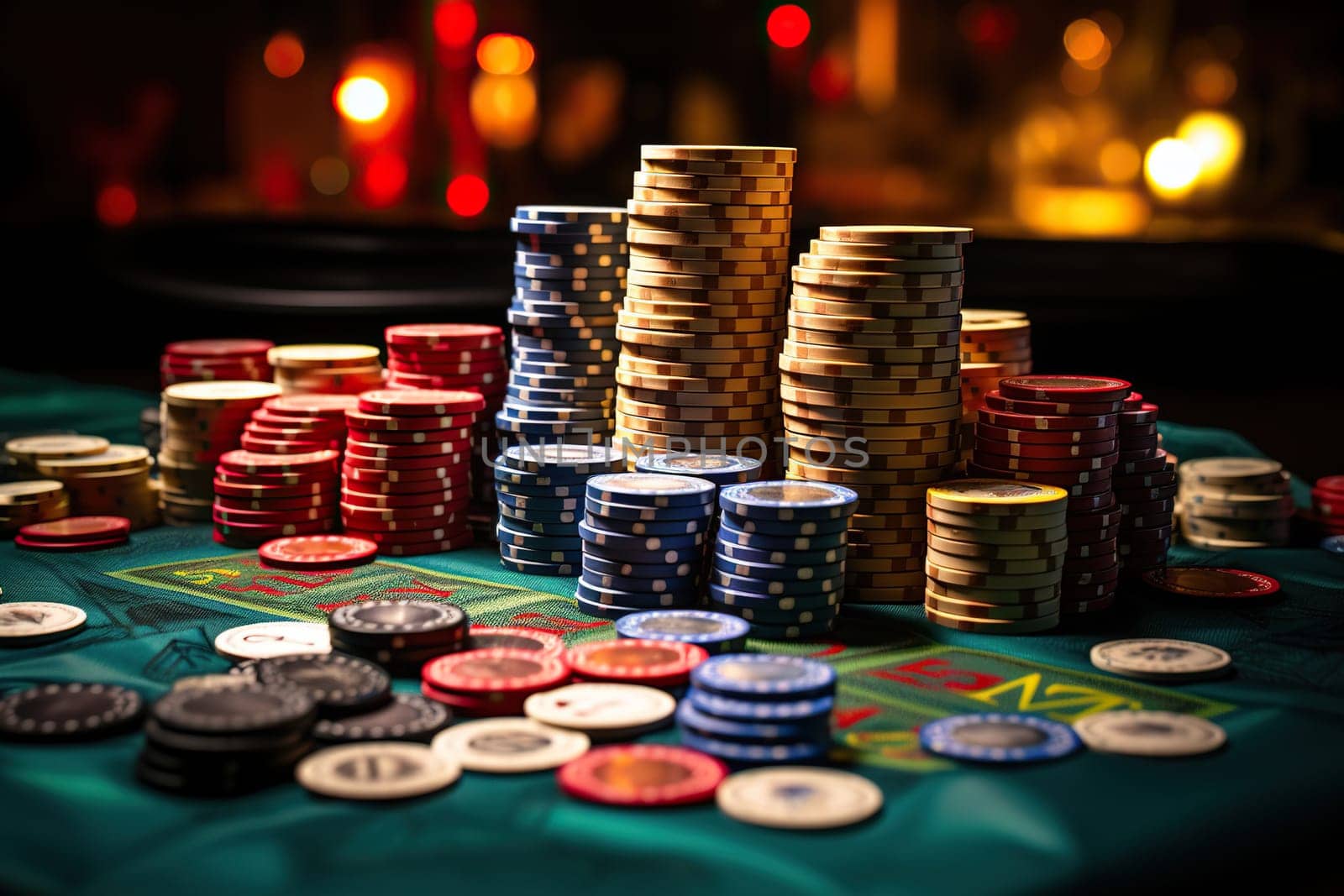 Gaming table with stacks of chips on a blurred background. Gambling concept.