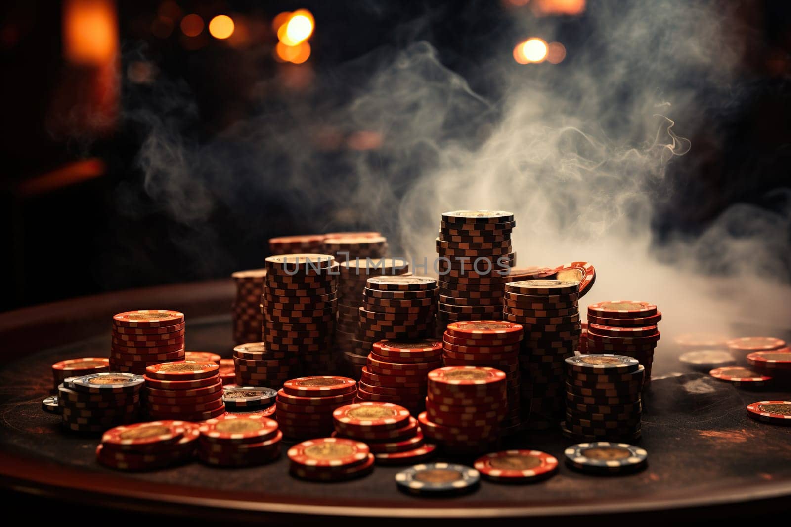 Gambling table with chips and cards in clouds of smoke. Gambling concept.