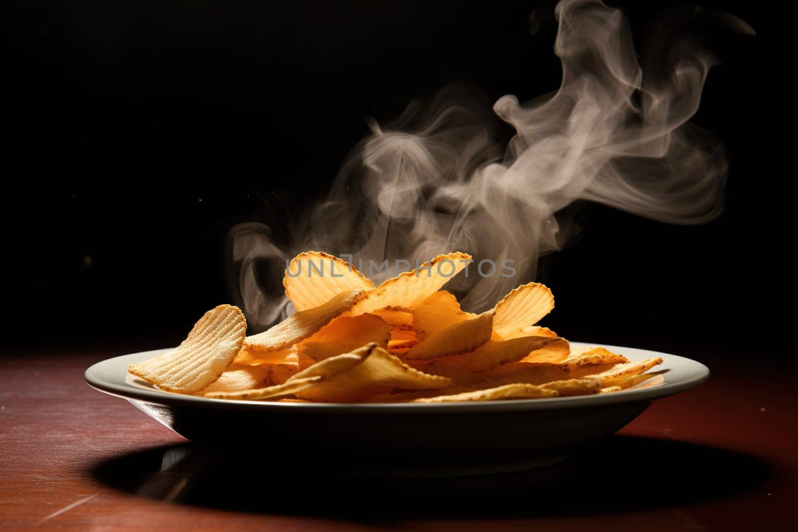 Potato chips in a bowl on a wooden tabletop on a dark background. Generated by artificial intelligence by Vovmar