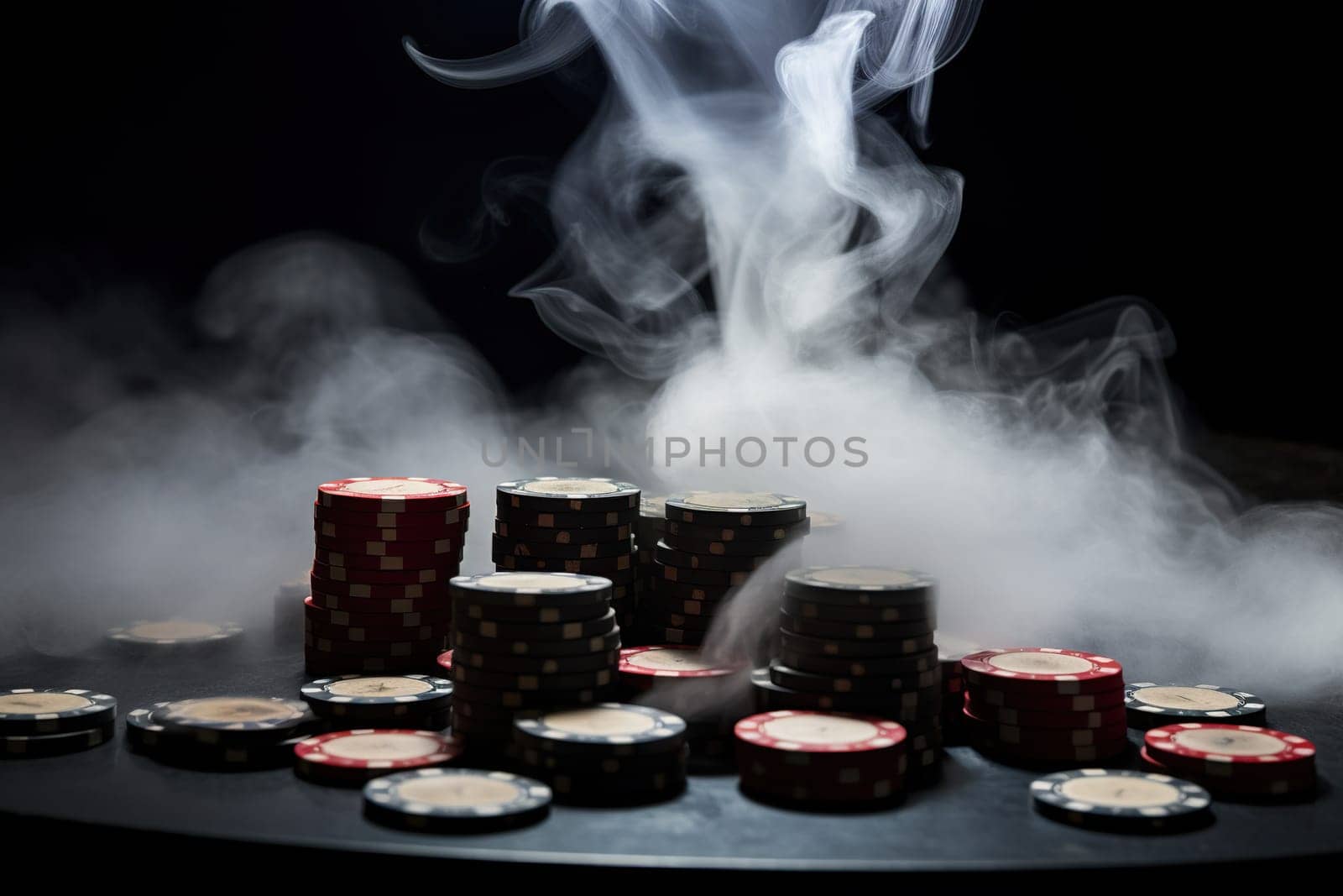 Gaming table with chips in clouds of cigarette smoke. Close-up. Gambling concept. Generated by artificial intelligence by Vovmar