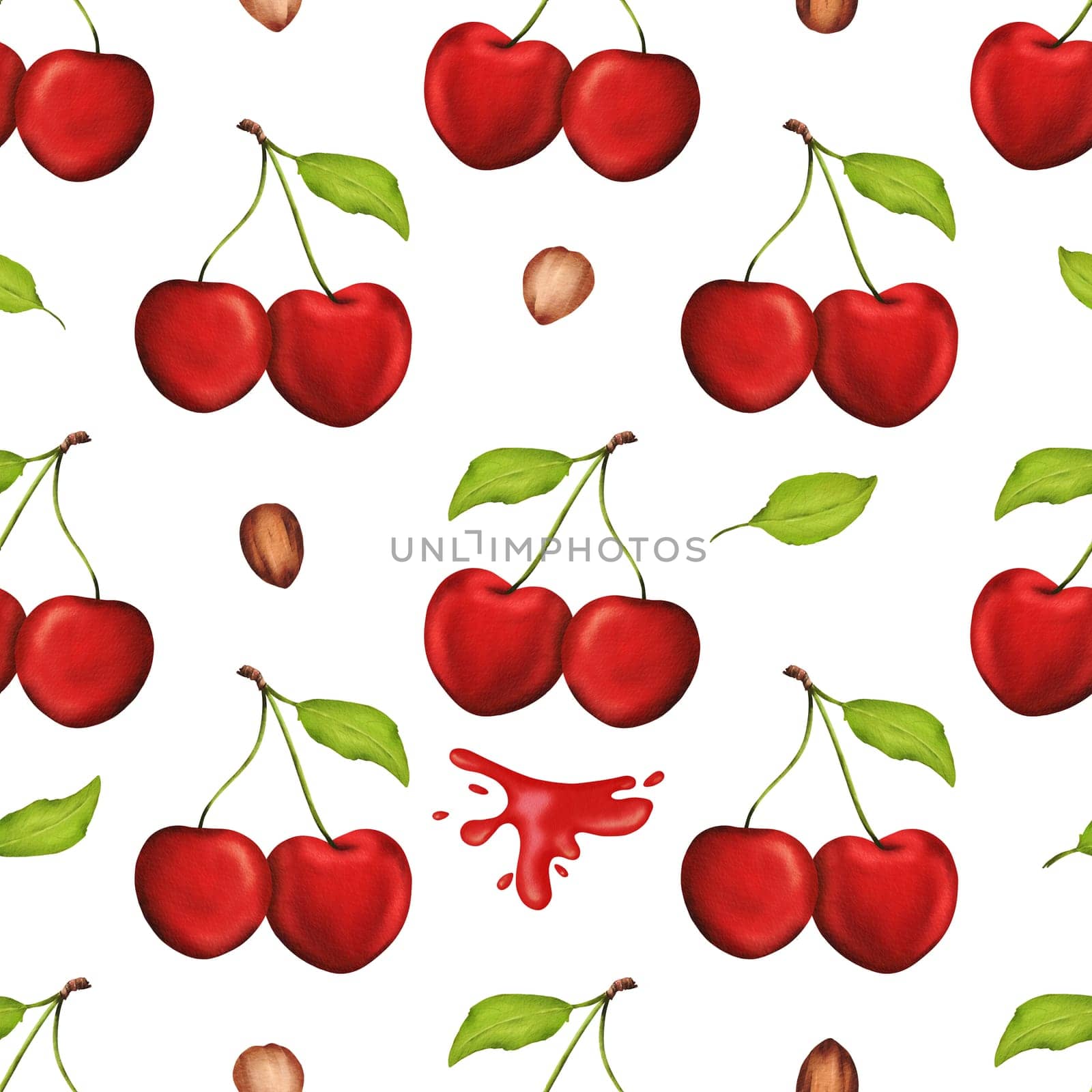 Vibrant, juicy cherries adorn this seamless watercolor pattern. Ideal for kitchen decor, recipes, textiles, jam labels, aprons, packaging, juices, cherry sweets, and gum wrappers by Art_Mari_Ka