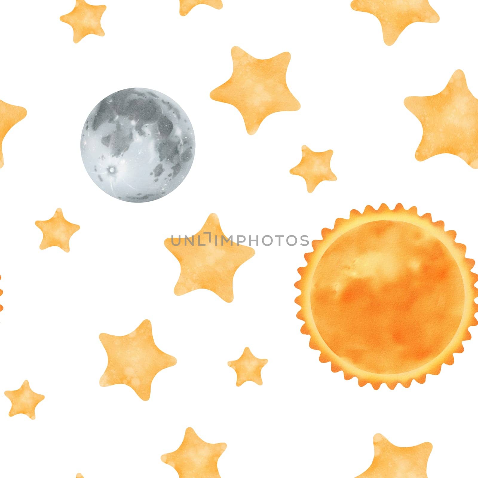 Watercolor seamless pattern. starry night sky. Yellow stars, a gray moon, and a bright orange sun. Cosmic theme for kids. Ideal for wallpapers, children's rooms, textiles, baby apparel, and notebooks.