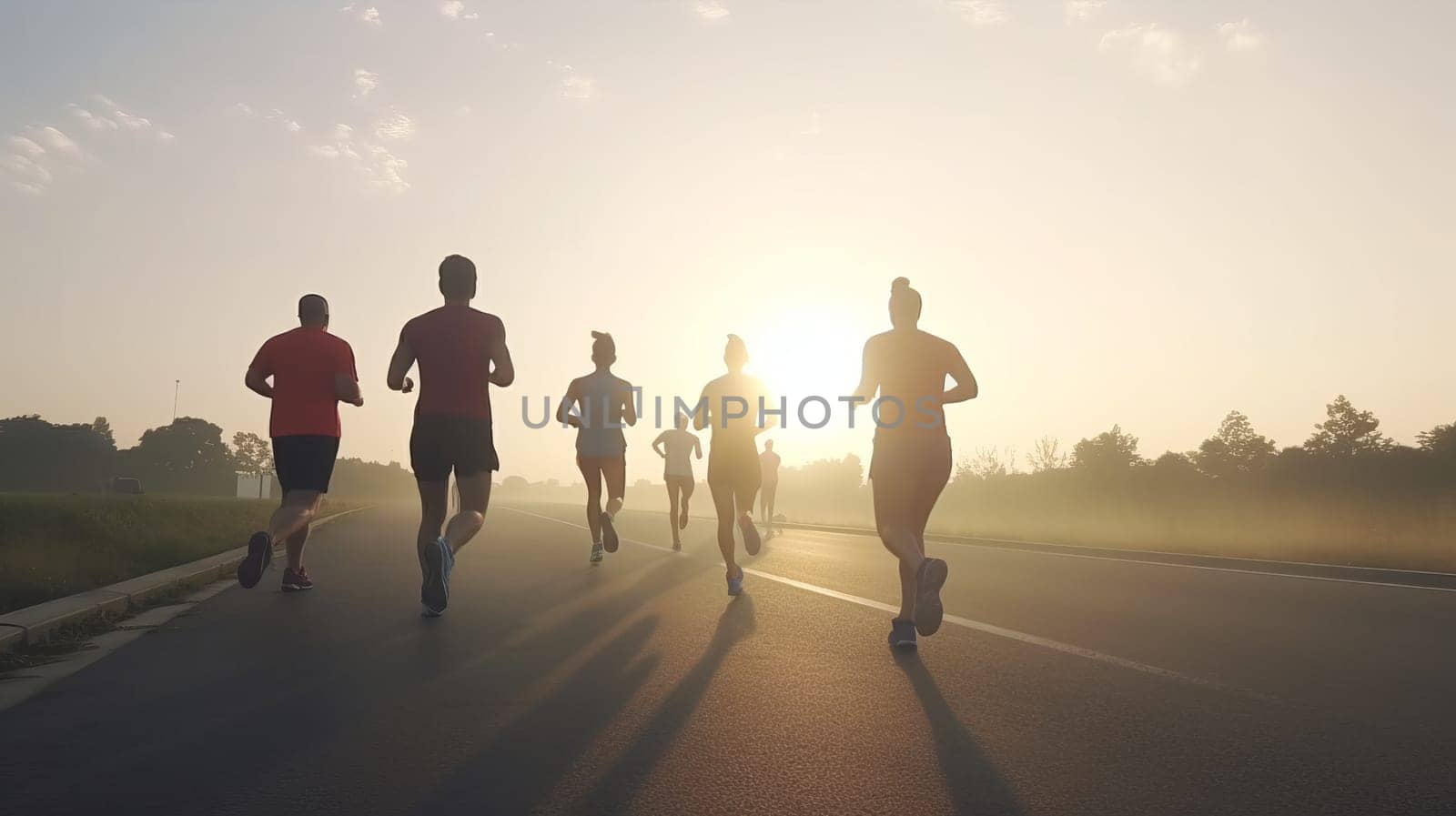 Silhouettes of a group of people running on the road, in the morning light, rear view