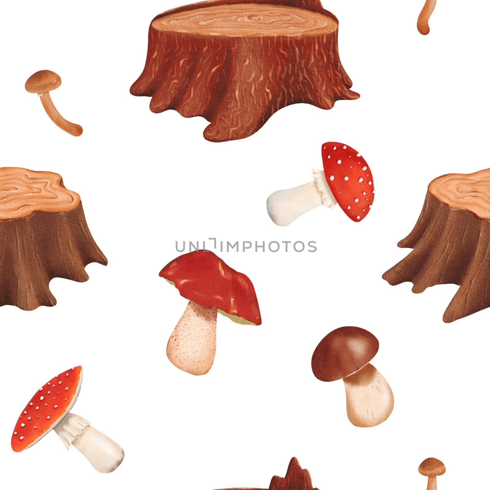 Woodland seamless pattern featuring aged textured tree stumps and various mushrooms. Edible penny bun and delicious porcini mushrooms. Dangerous poisonous fly agaric. Autumnal watercolor illustration.
