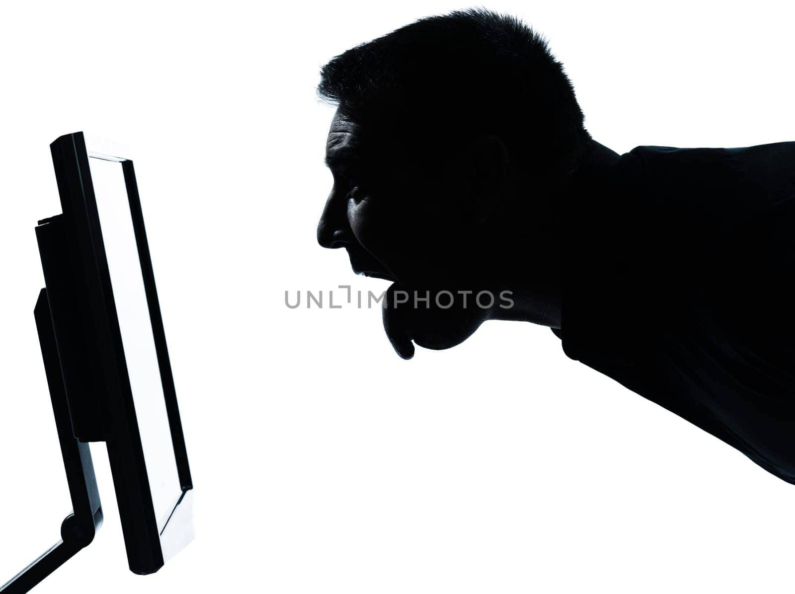 one caucasian business man face tongue out silhouette with computer screen display portrait in studio isolated on white background
