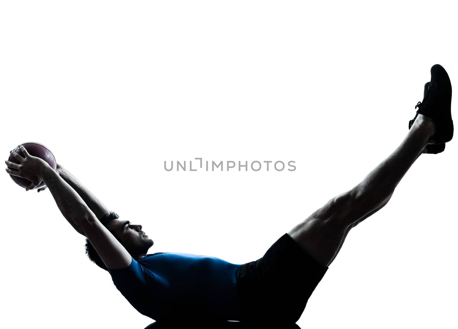 one caucasian man exercising workout holding fitness ball posture in silhouette studio  isolated on white background
