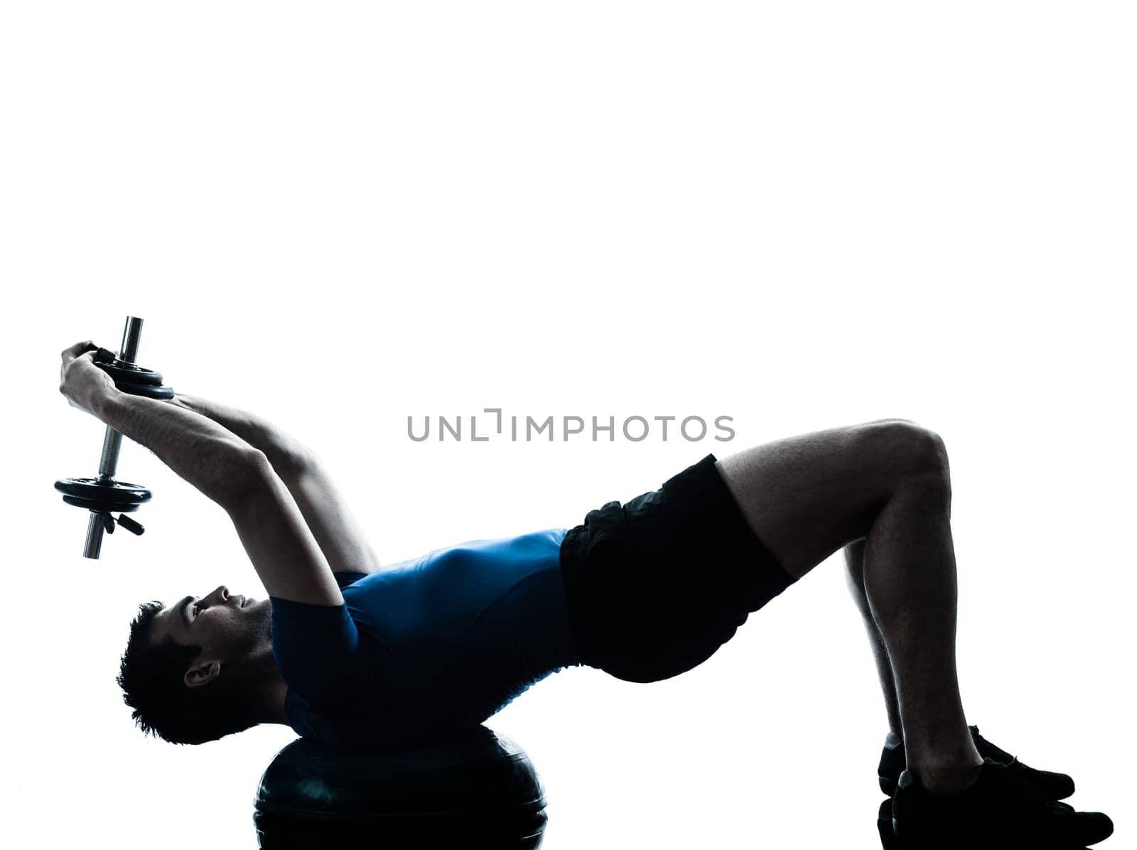 one caucasian man exercising weight training bosu workout fitness in silhouette studio  isolated on white background
