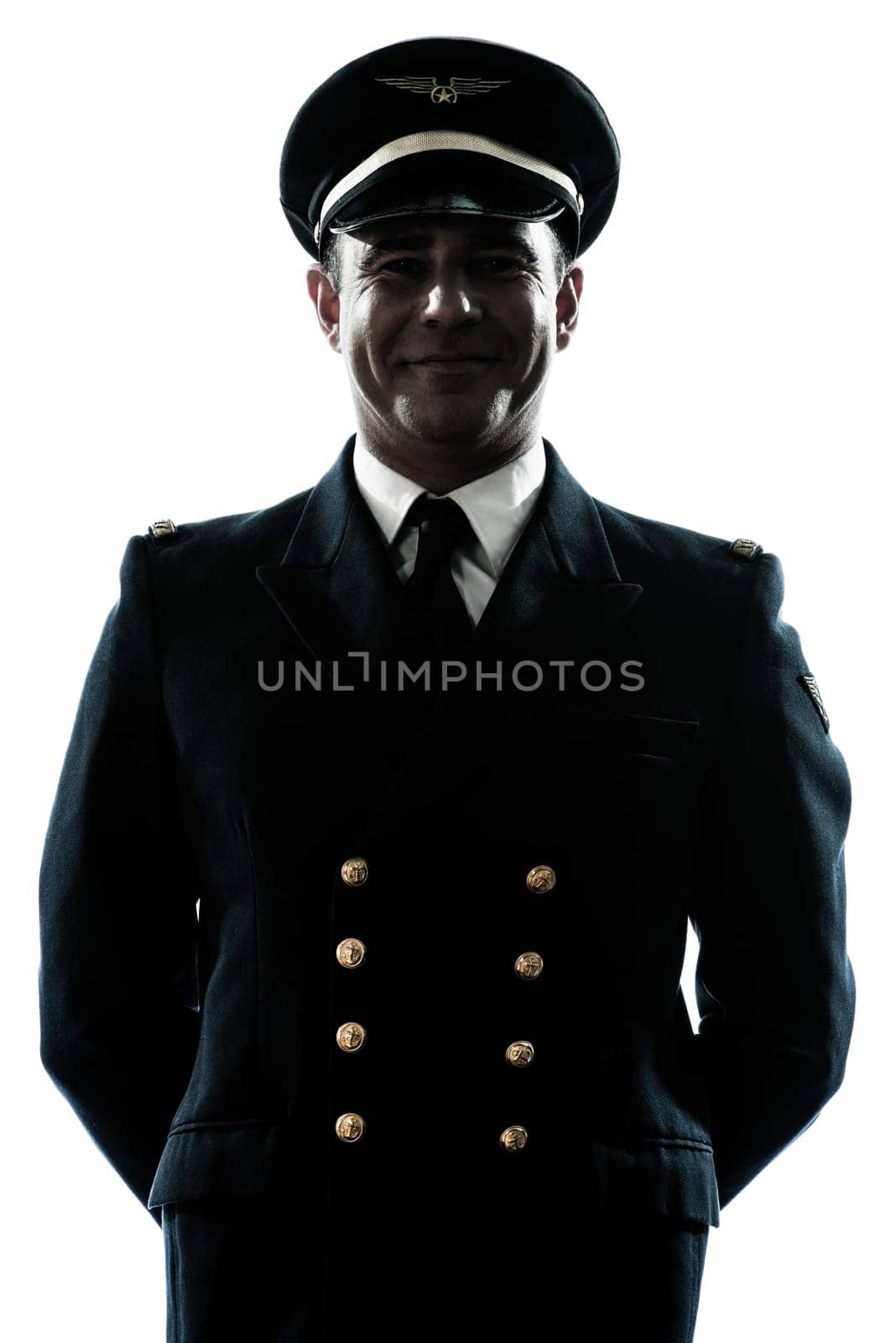 one caucasian man in airline pilot uniform  in studio isolated on white background