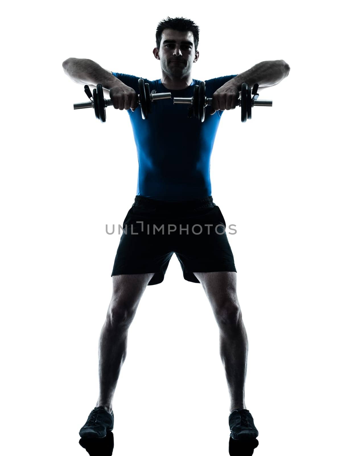 one caucasian man exercising weight training workout fitness in silhouette studio  isolated on white background