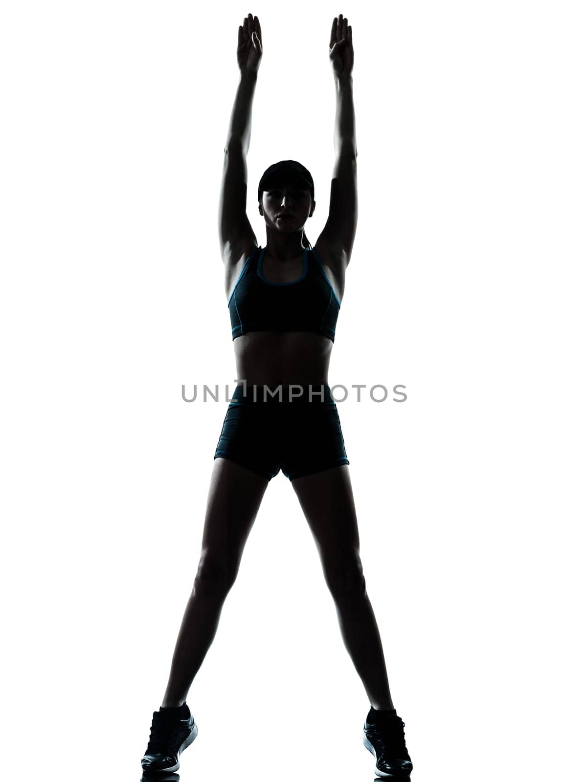 one caucasian woman runner jogger in silhouette studio isolated on white background