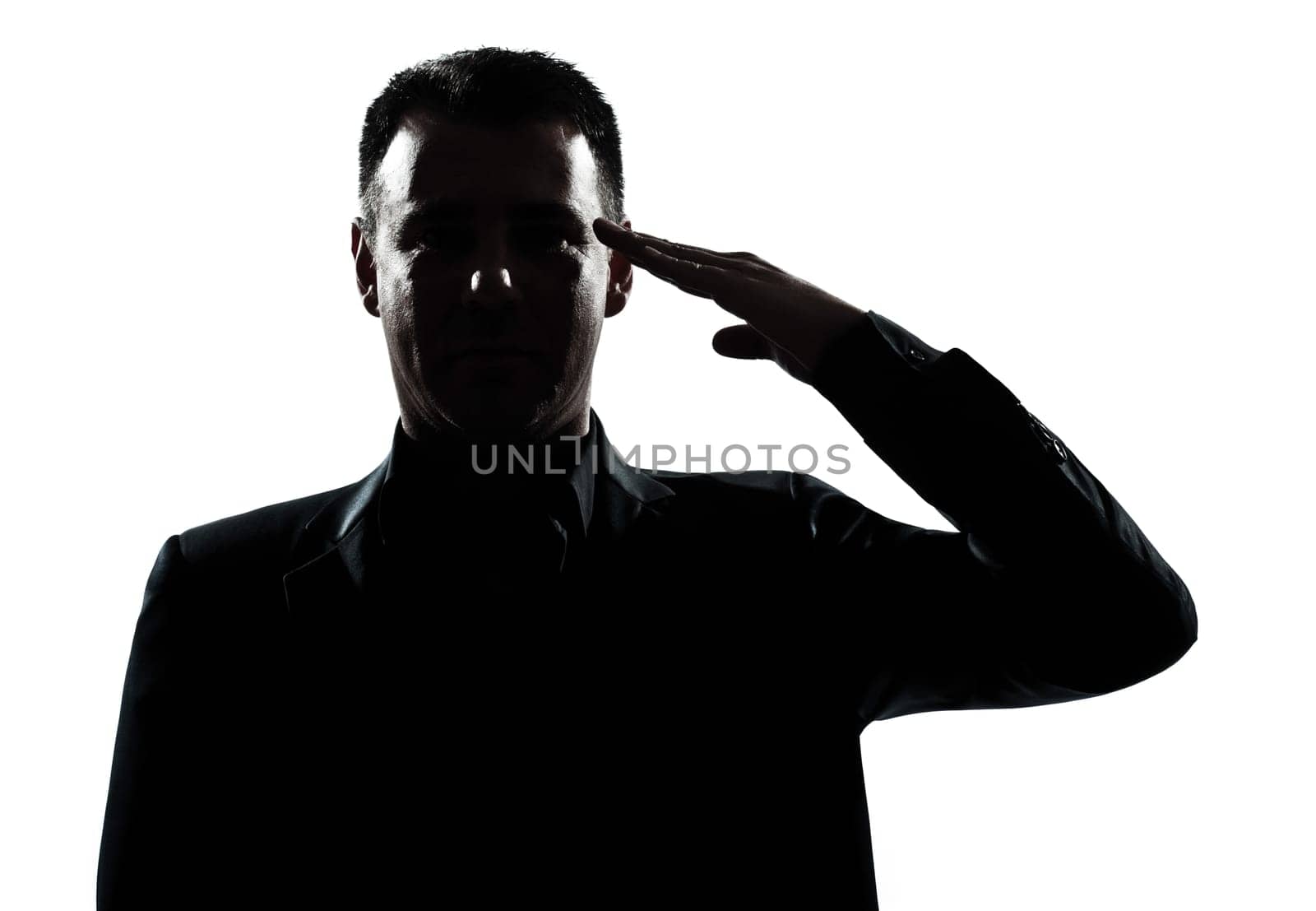 one caucasian man army salute gesture portrait silhouette in studio isolated white background